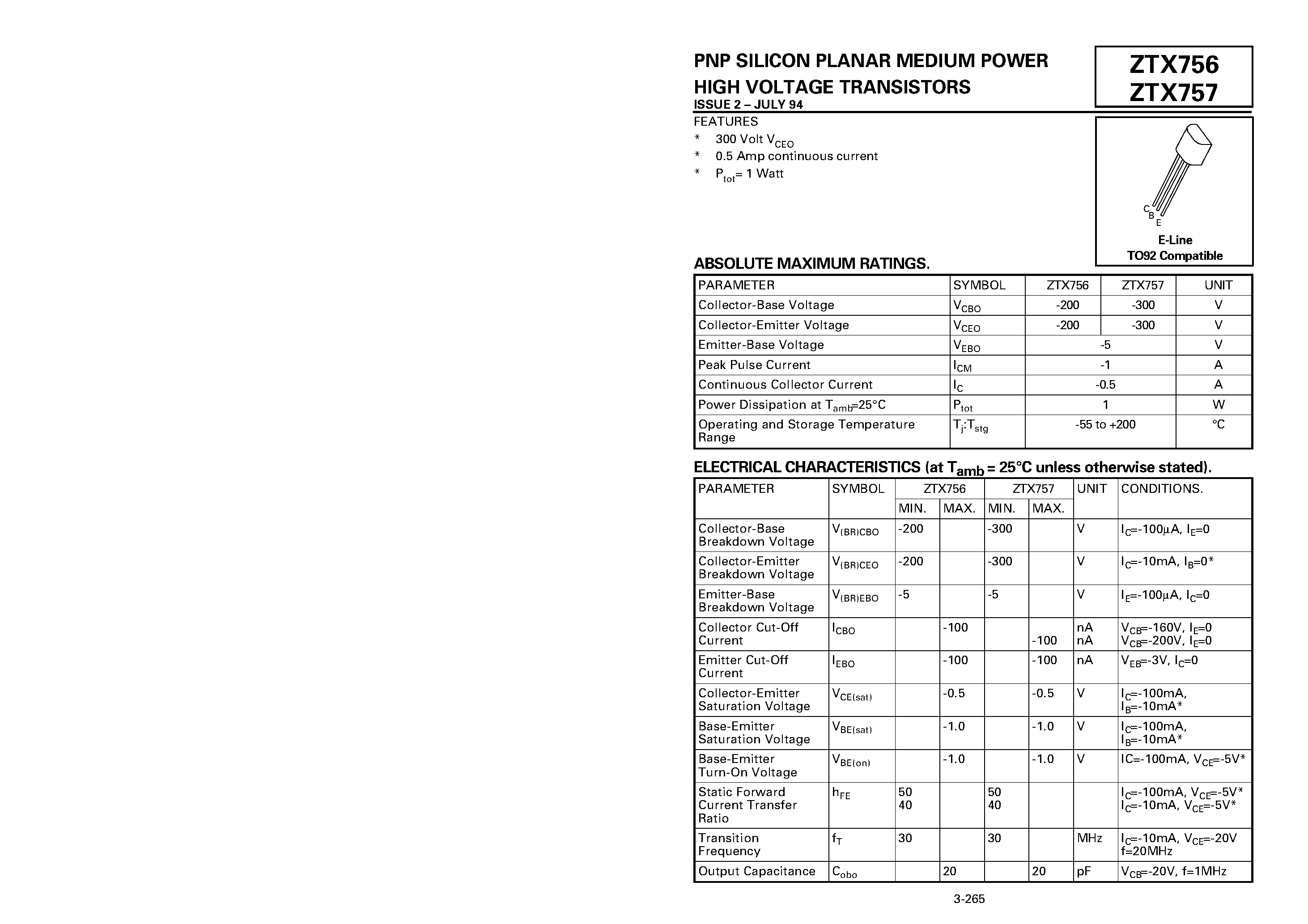 Datasheet ZTX757 - PNP SILICON PLANAR MEDIUM POWER HIGH VOLTAGE TRANSISTORS page 1