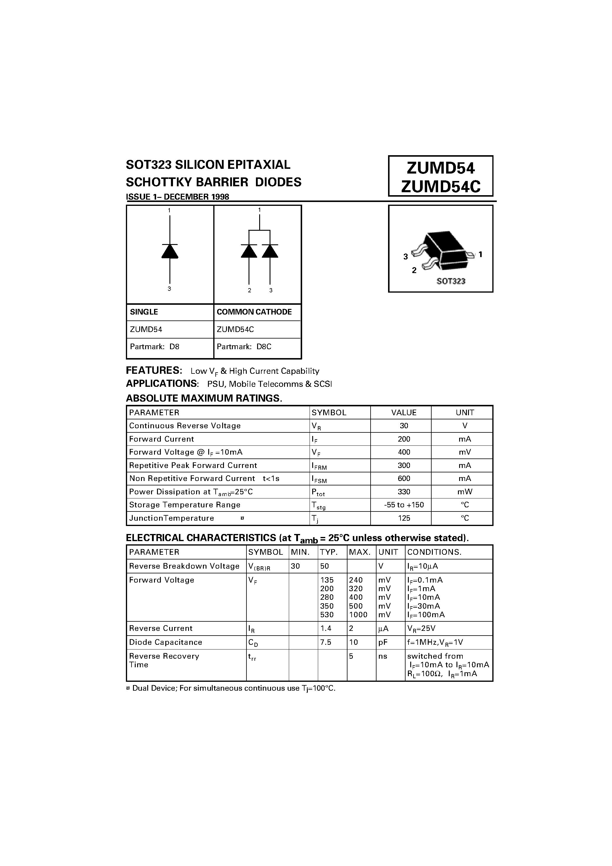 Datasheet ZUMD54C - SILICON EPITAXIAL SCHOTTKY BARRIER DIODES page 1