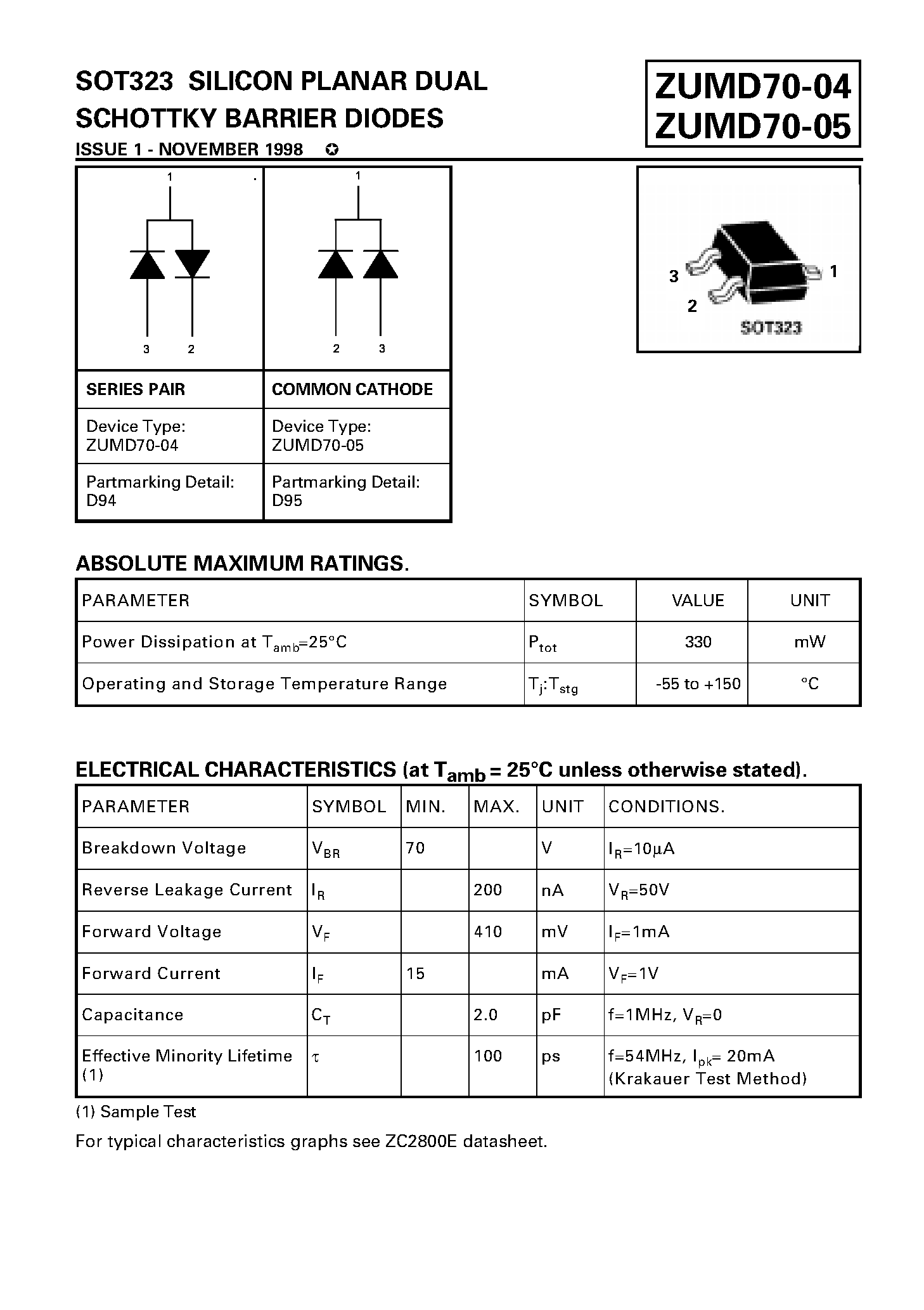 Datasheet ZUMD70-04 page 1 Datasheet ZUMD70-04 - SILICON PLANAR DUAL SCHOTTKY BARRIER DIODES page 1