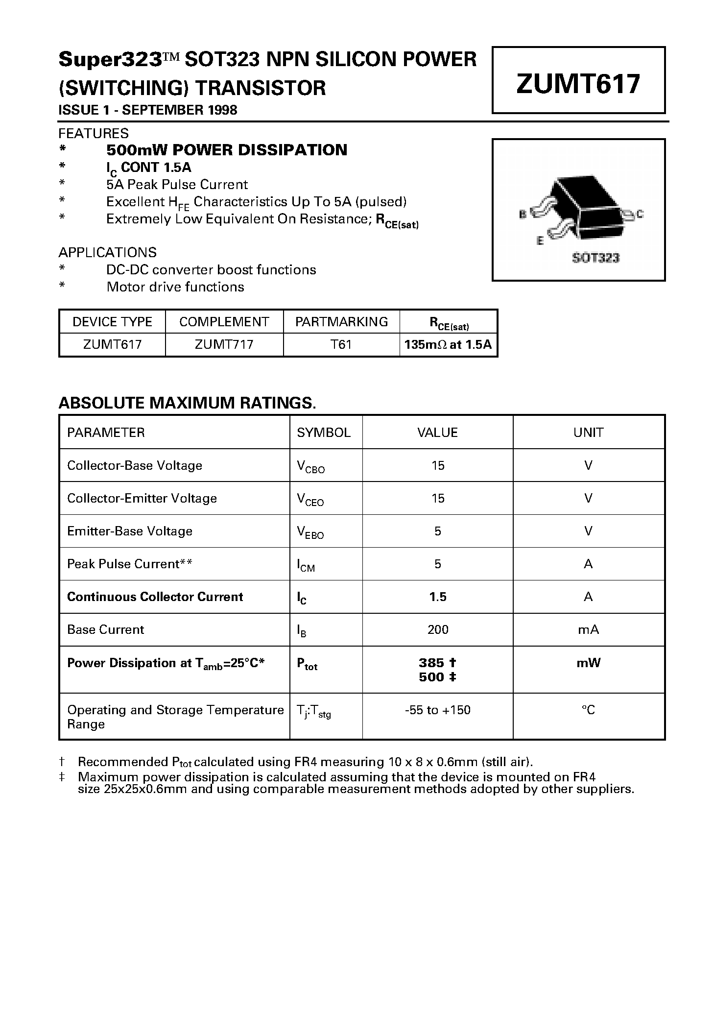 Даташит ZUMT617 - NPN SILICON POWER (SWITCHING) TRANSISTOR страница 1