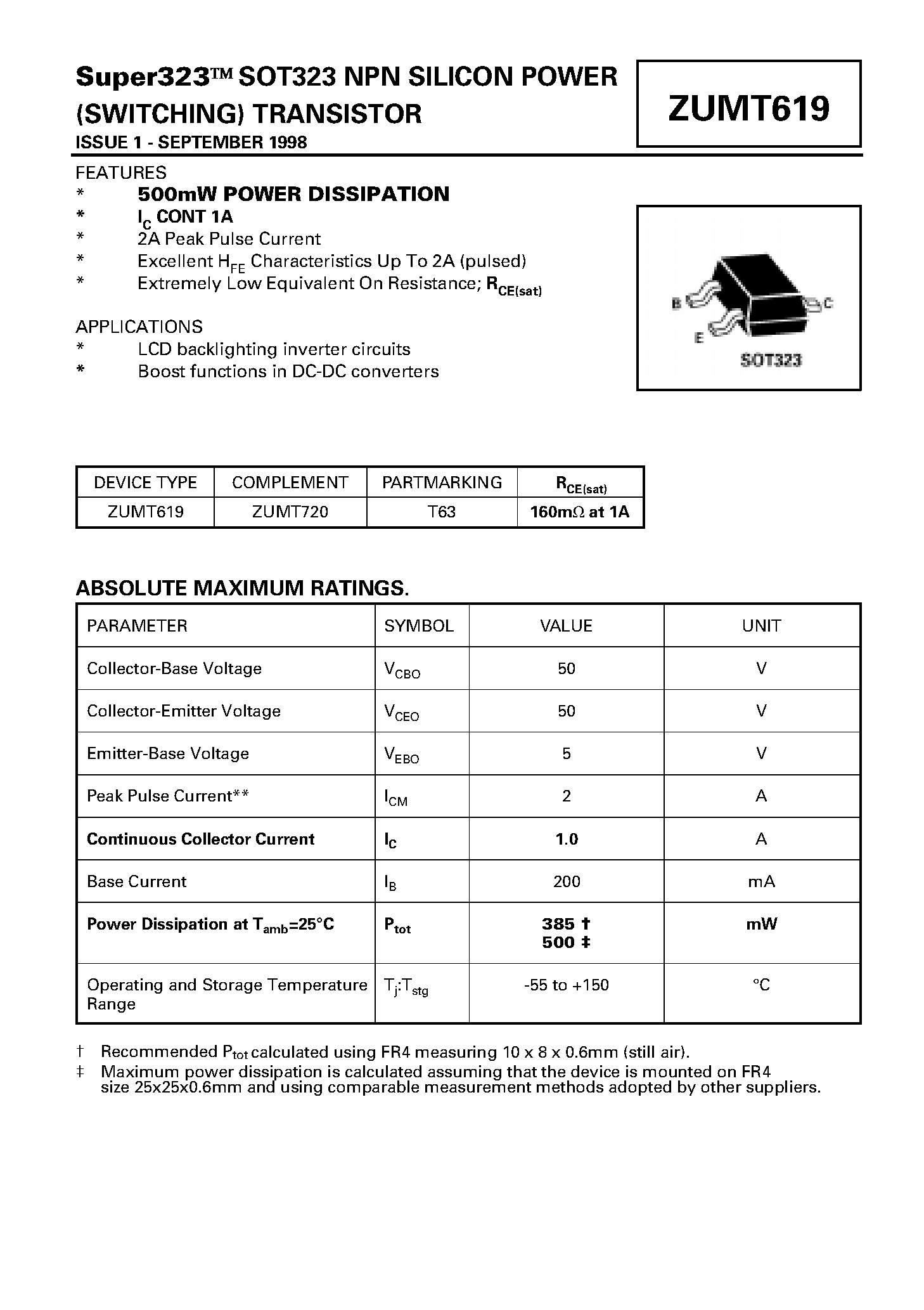 Даташит ZUMT619 - NPN SILICON POWER (SWITCHING) TRANSISTOR страница 1