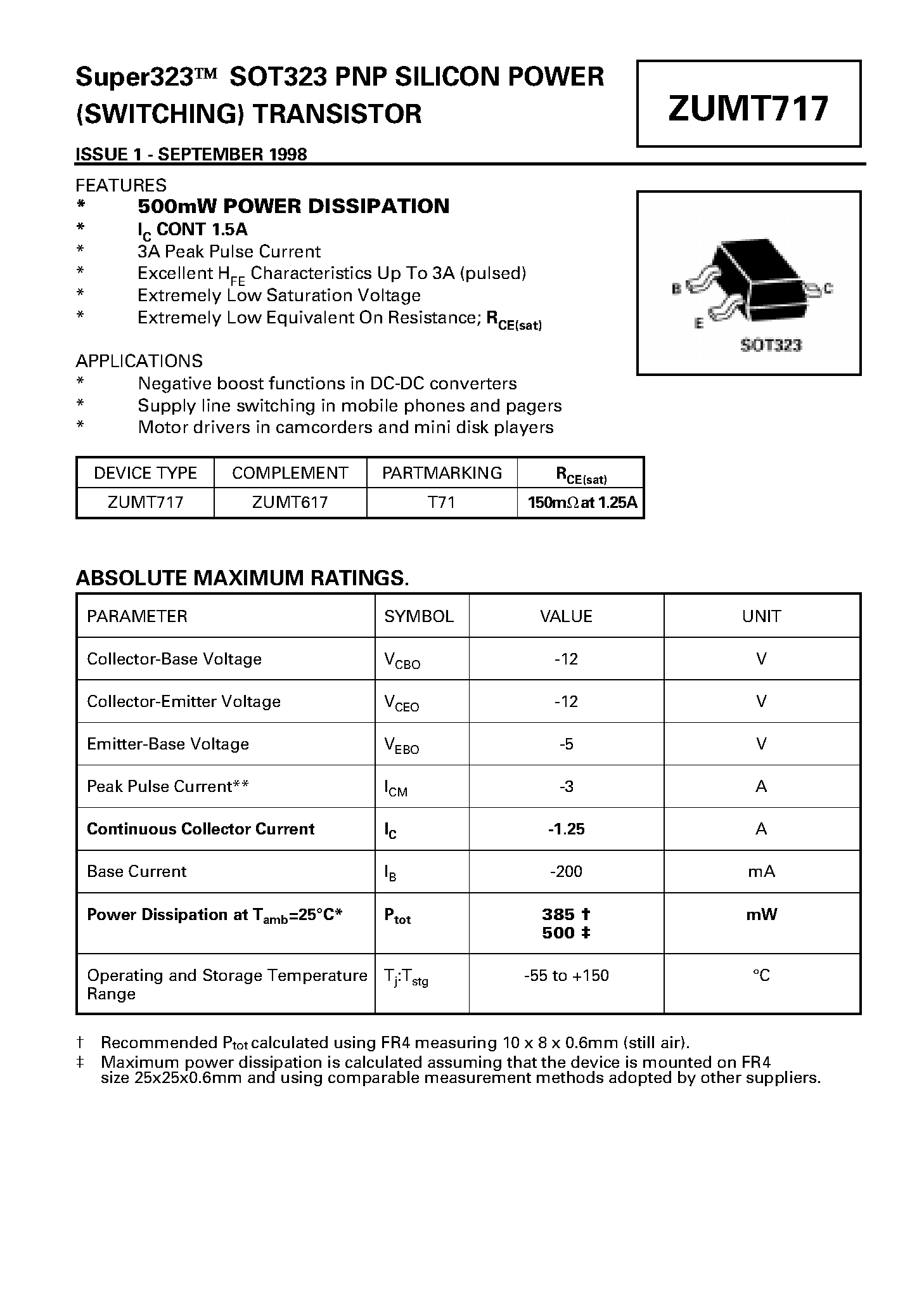 Даташит ZUMT717 - PNP SILICON POWER (SWITCHING) TRANSISTOR страница 1