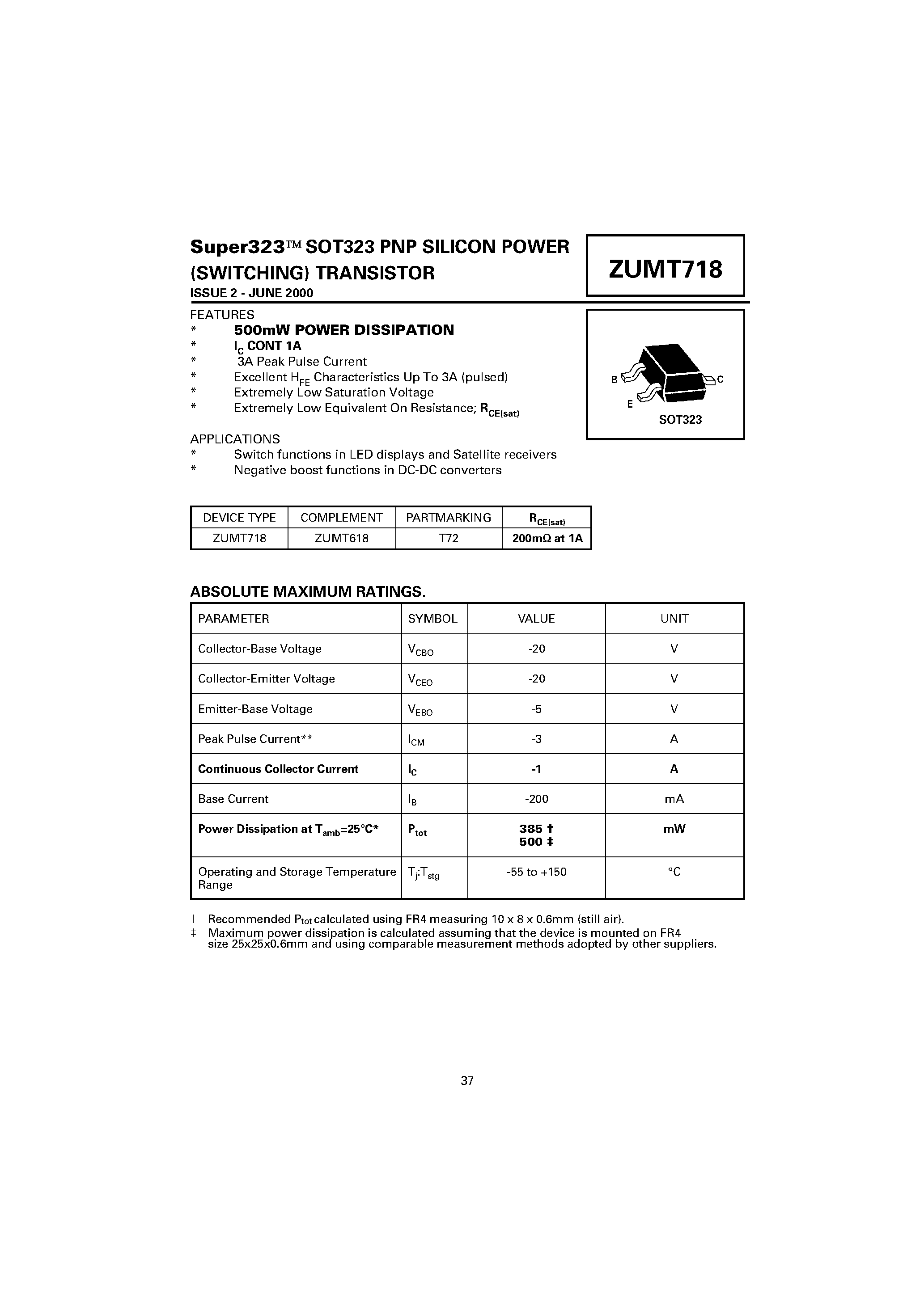 Даташит ZUMT718 - PNP SILICON POWER (SWITCHING) TRANSISTOR страница 1