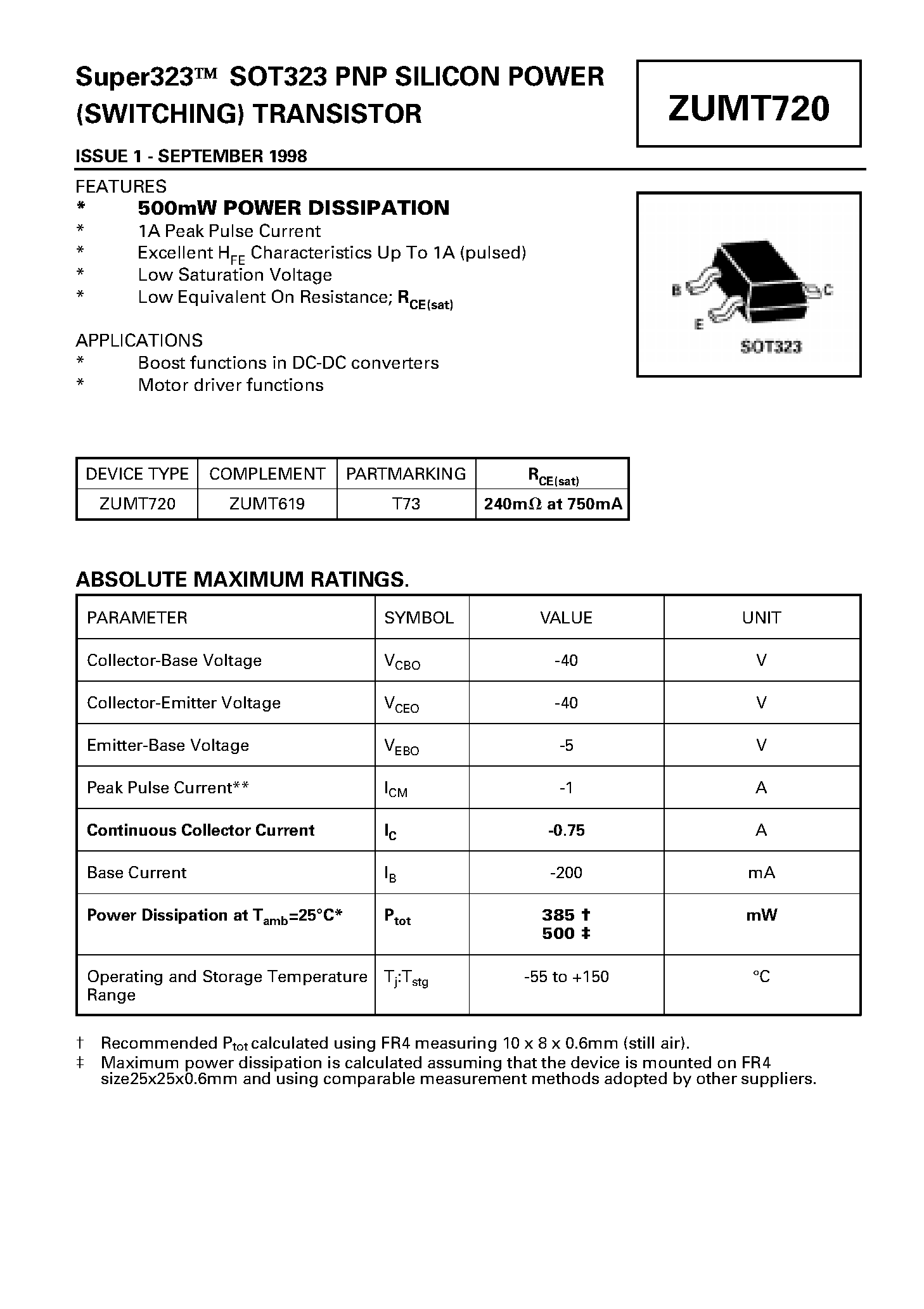 Даташит ZUMT720 - PNP SILICON POWER (SWITCHING) TRANSISTOR страница 1