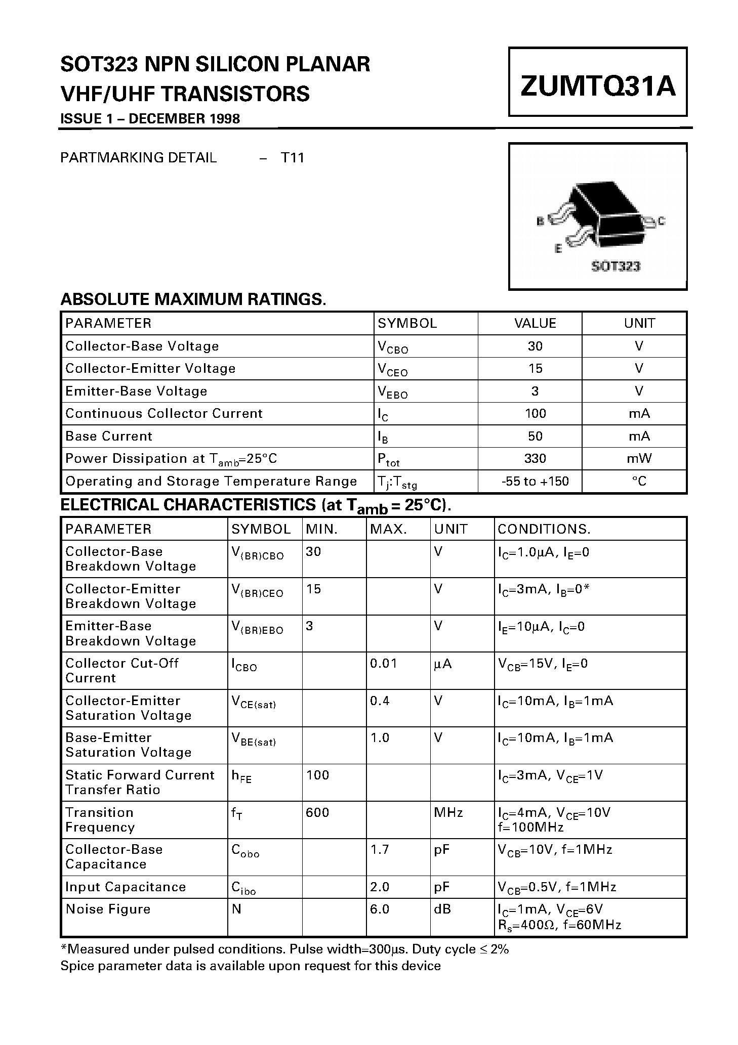 Datasheet ZUMTQ31A - NPN SILICON PLANAR VHF/UHF TRANSISTORS page 1