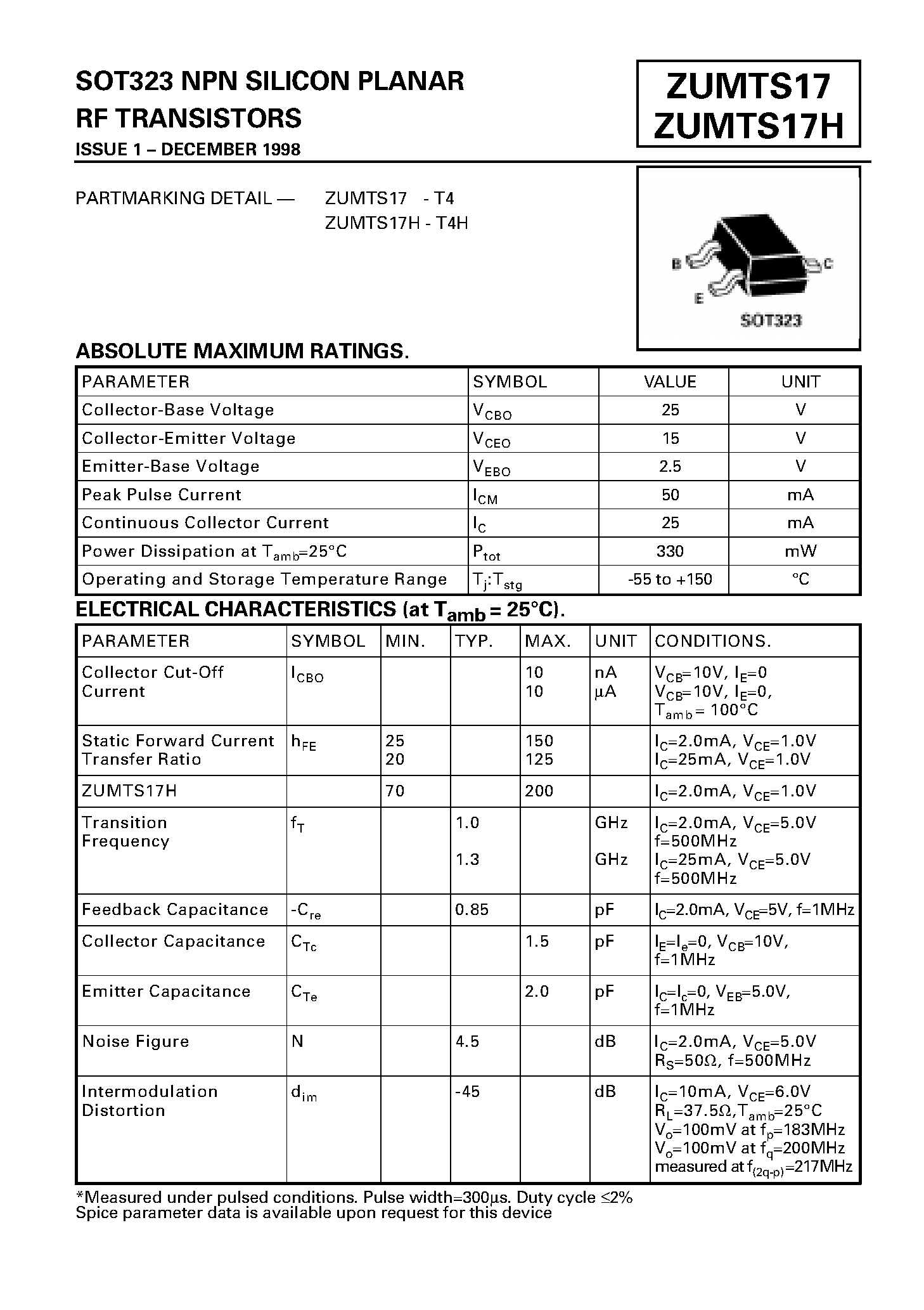 Datasheet ZUMTS17 - NPN SILICON PLANAR RF TRANSISTORS page 1