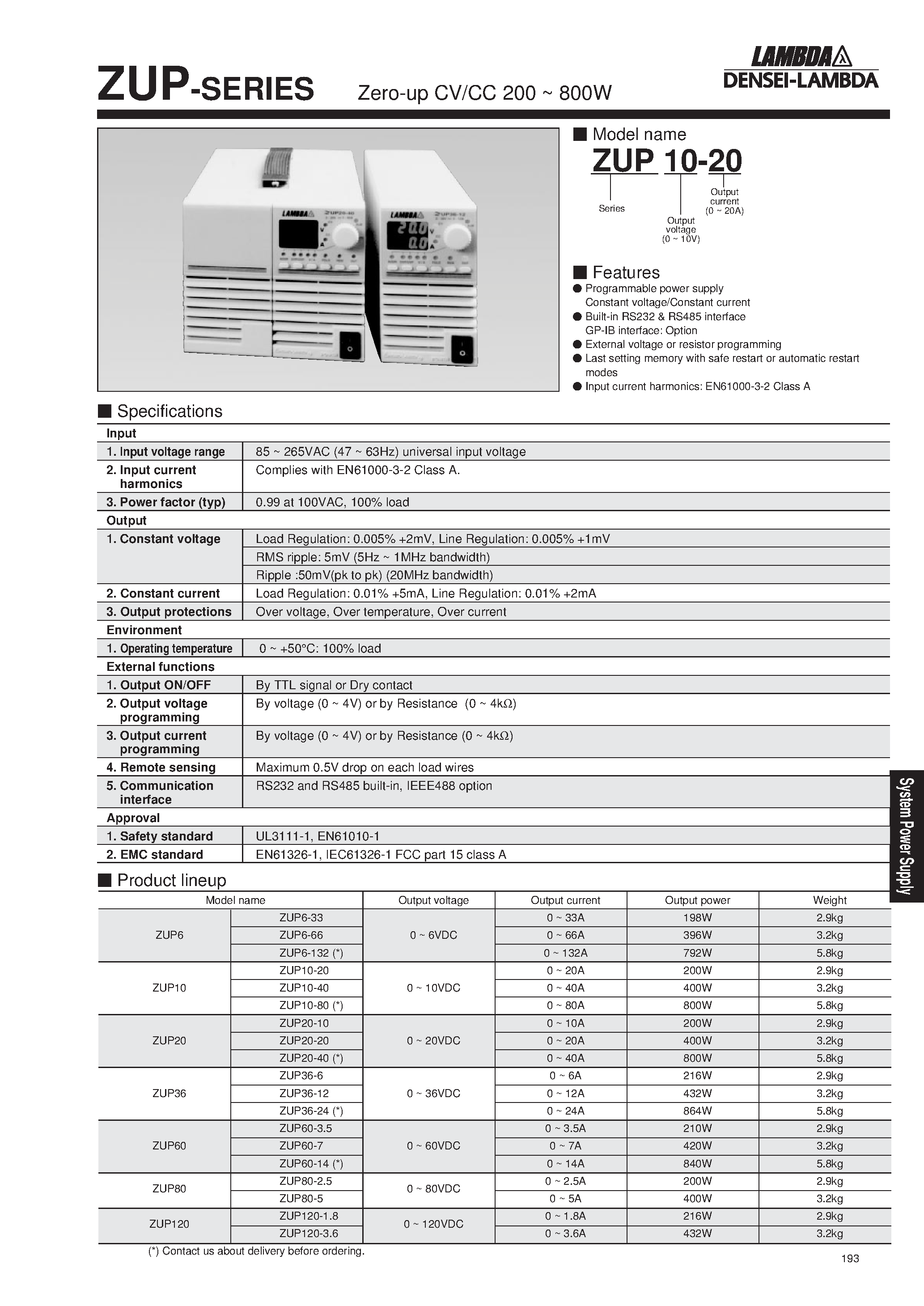 Datasheet ZUP60-3.5 - Zero-up CV/CC 200 ~ 800W page 1