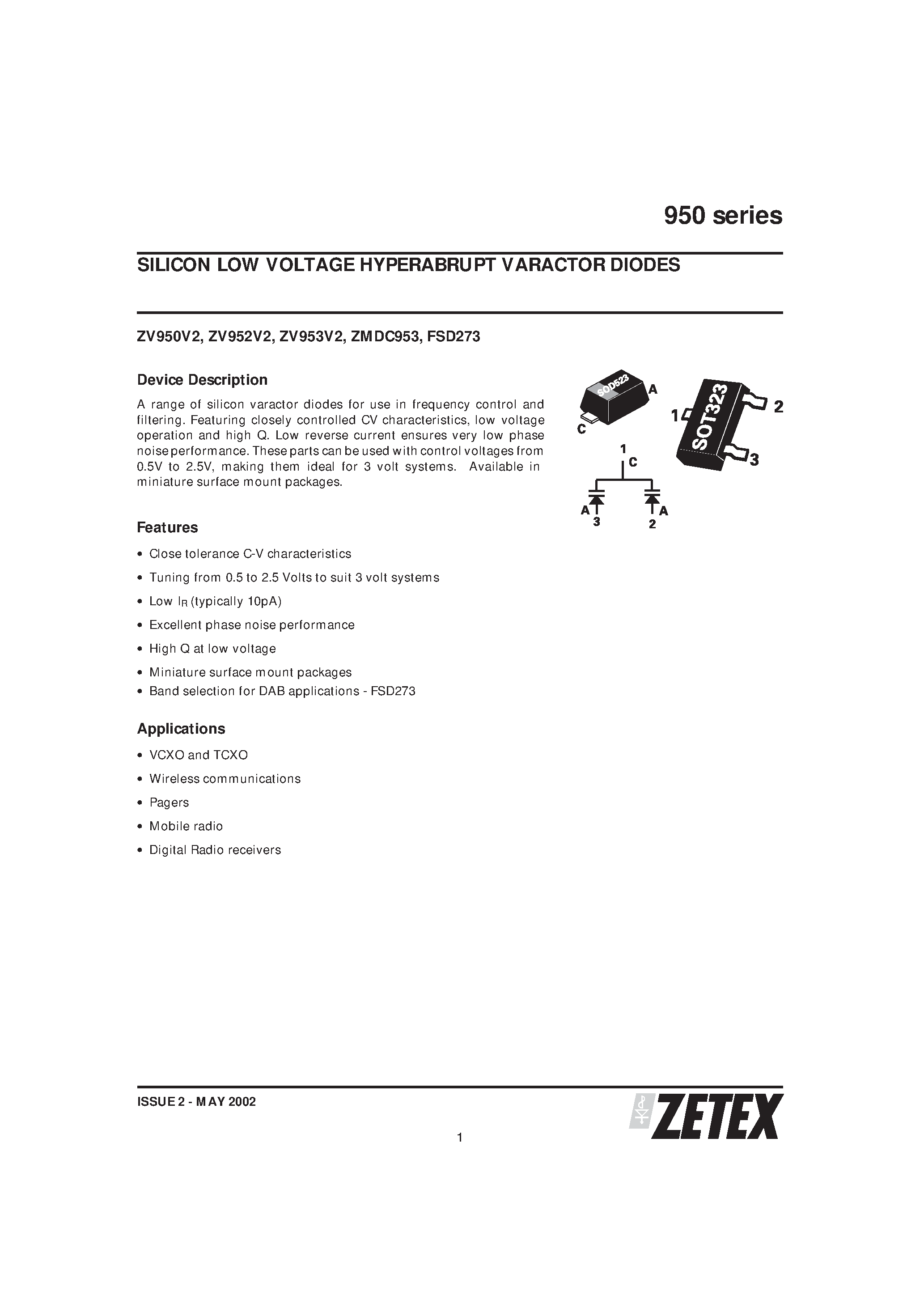 Datasheet ZV950V2 - SILICON LOW VOLTAGE HYPERABRUPT VARACTOR DIODES page 1