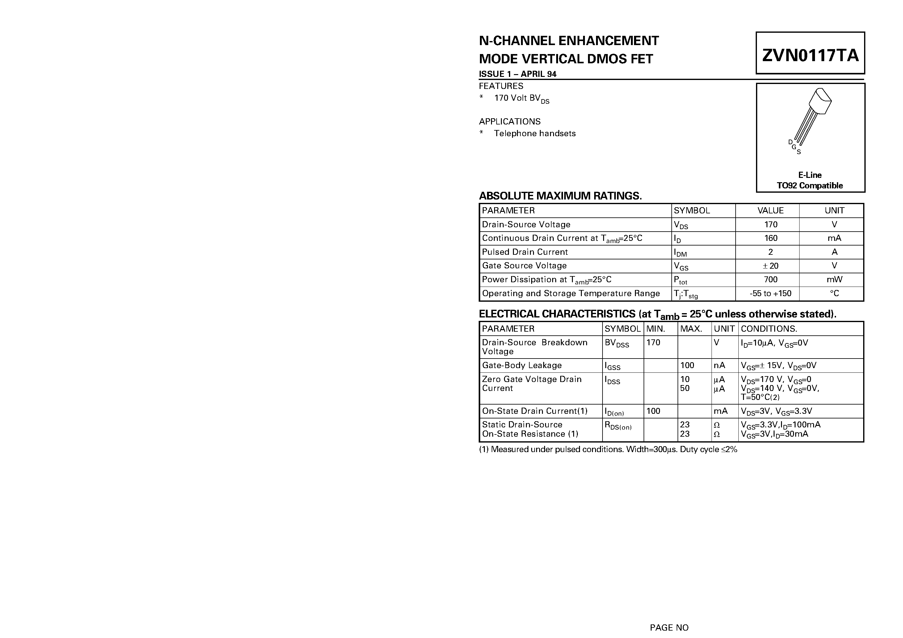 Datasheet ZVN0117TA - N-CHANNEL ENHANCEMENT MODE VERTICAL DMOS FET page 1