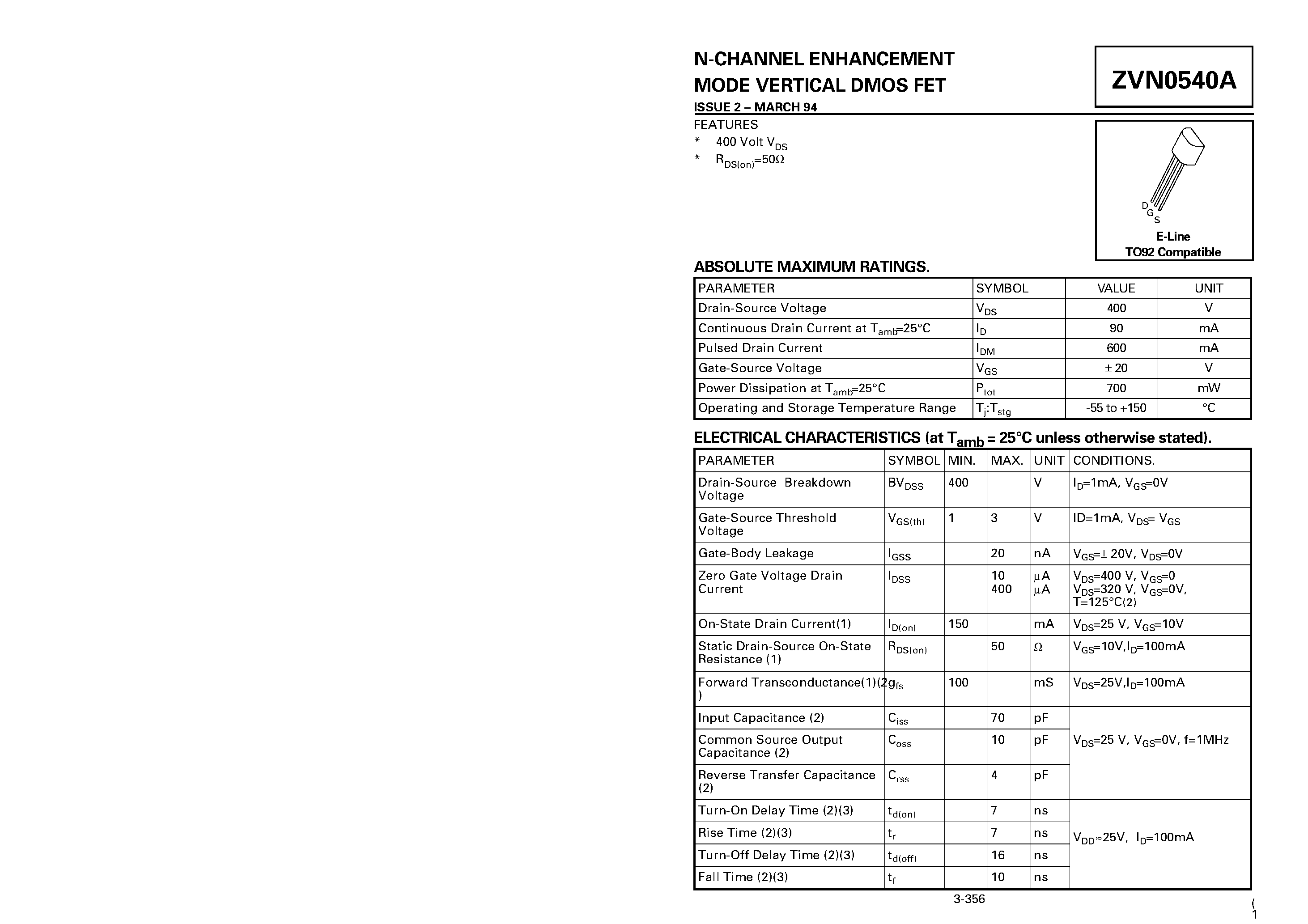 Datasheet ZVN0540A - N-CHANNEL ENHANCEMENT MODE VERTICAL DMOS FET page 1