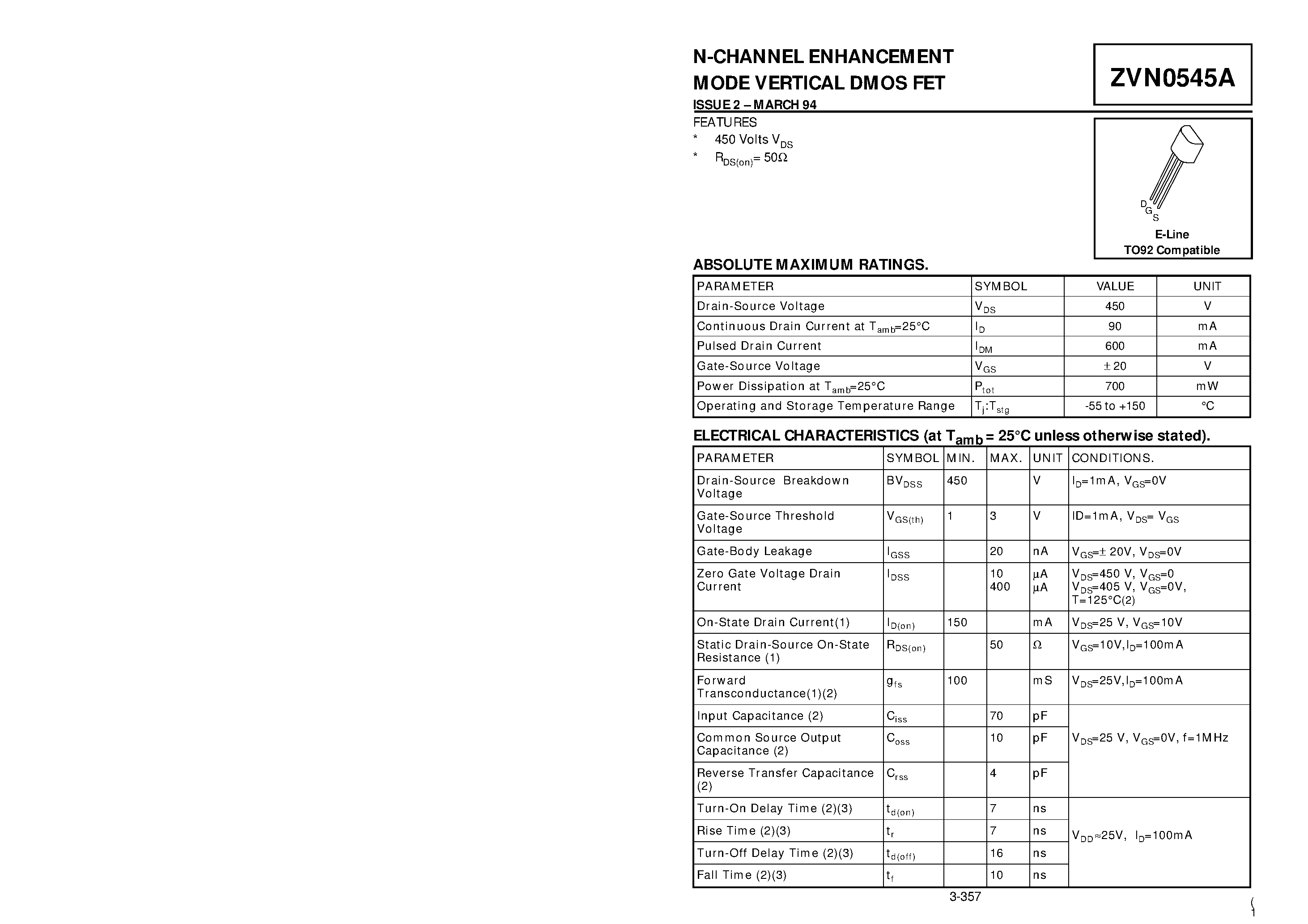 Datasheet ZVN0545A - N-CHANNEL ENHANCEMENT MODE VERTICAL DMOS FET page 1