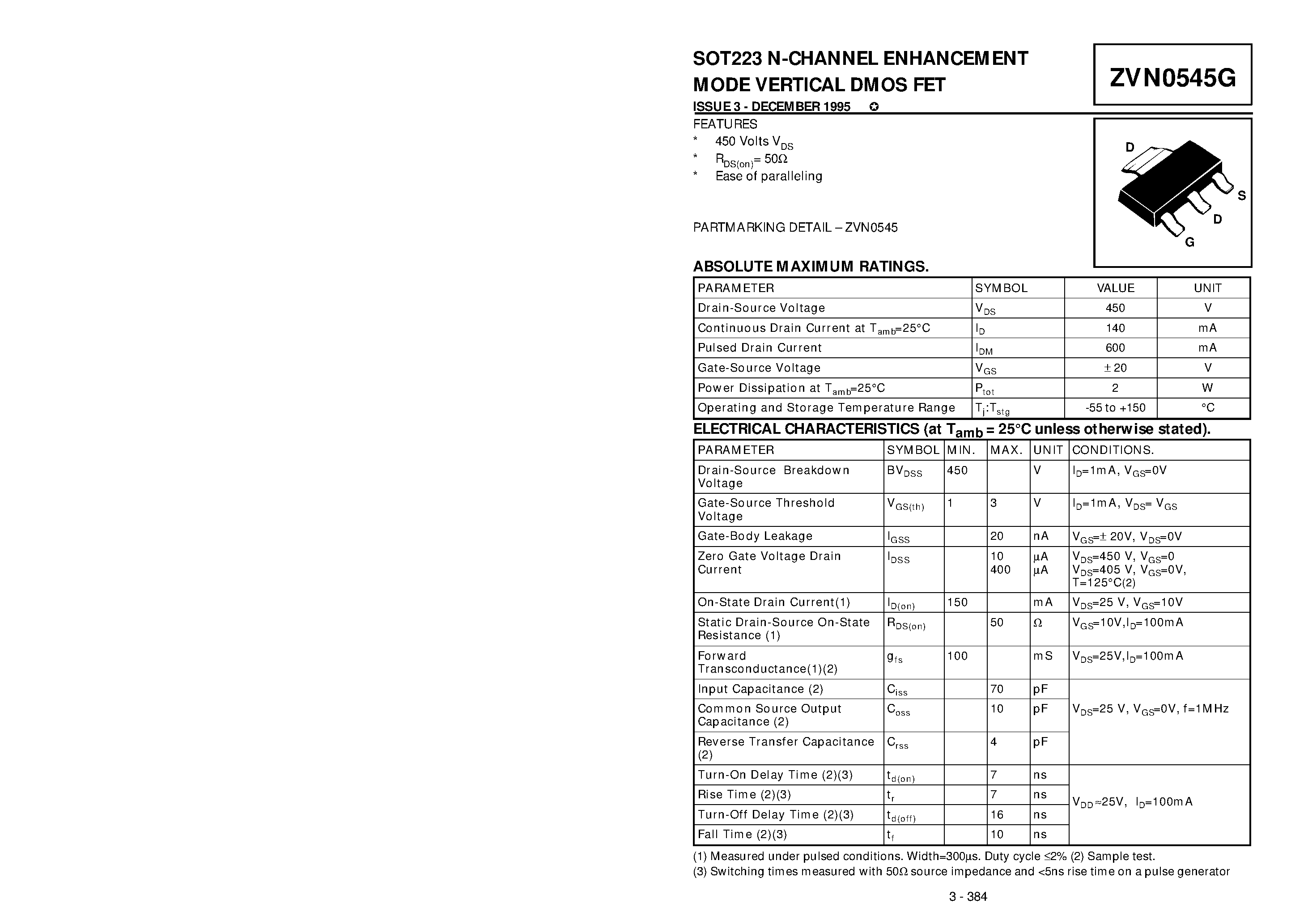 Datasheet ZVN0545G - N-CHANNEL ENHANCEMENT MODE VERTICAL DMOS FET page 1