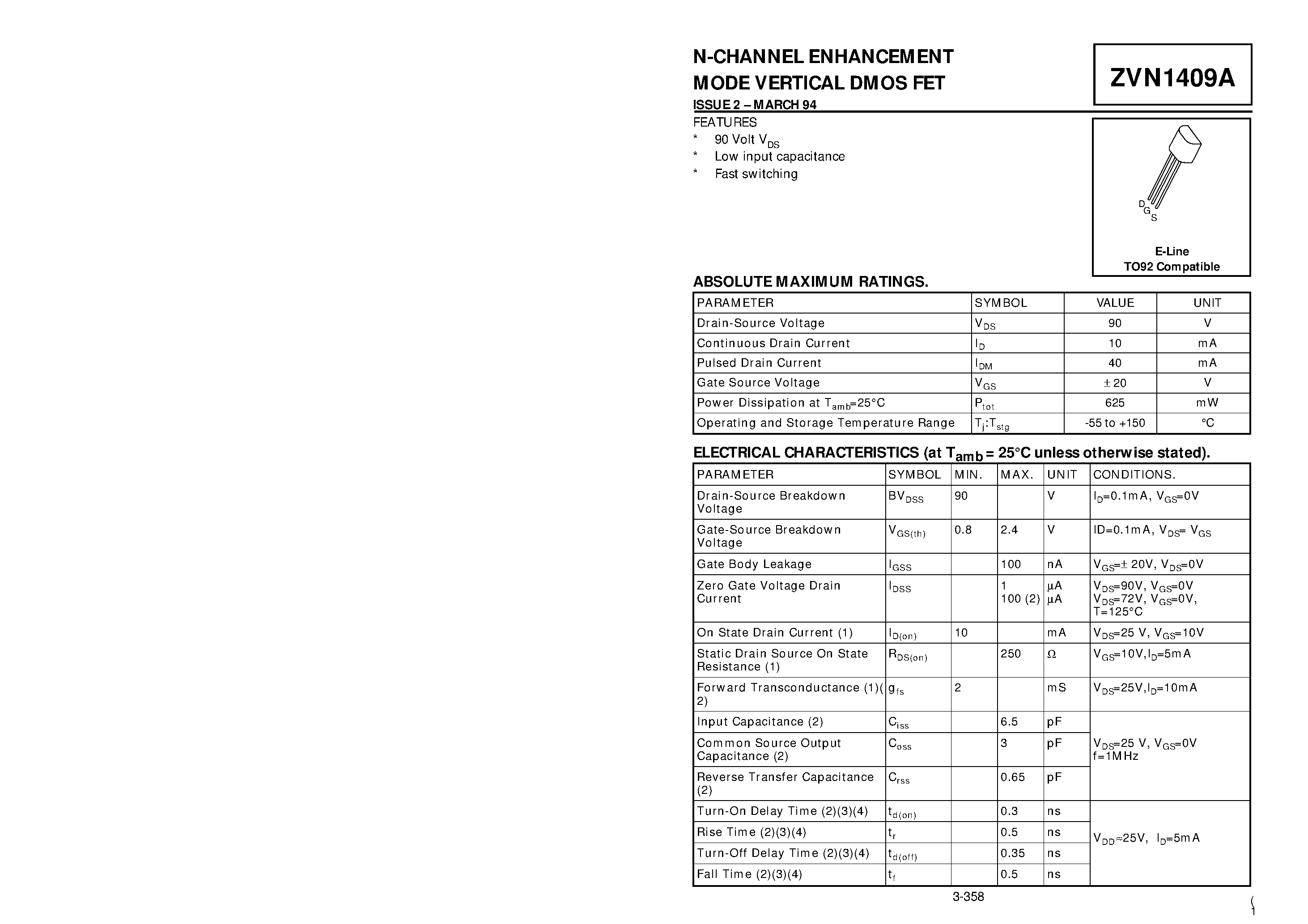 Datasheet ZVN1409A - N-CHANNEL ENHANCEMENT MODE VERTICAL DMOS FET page 1