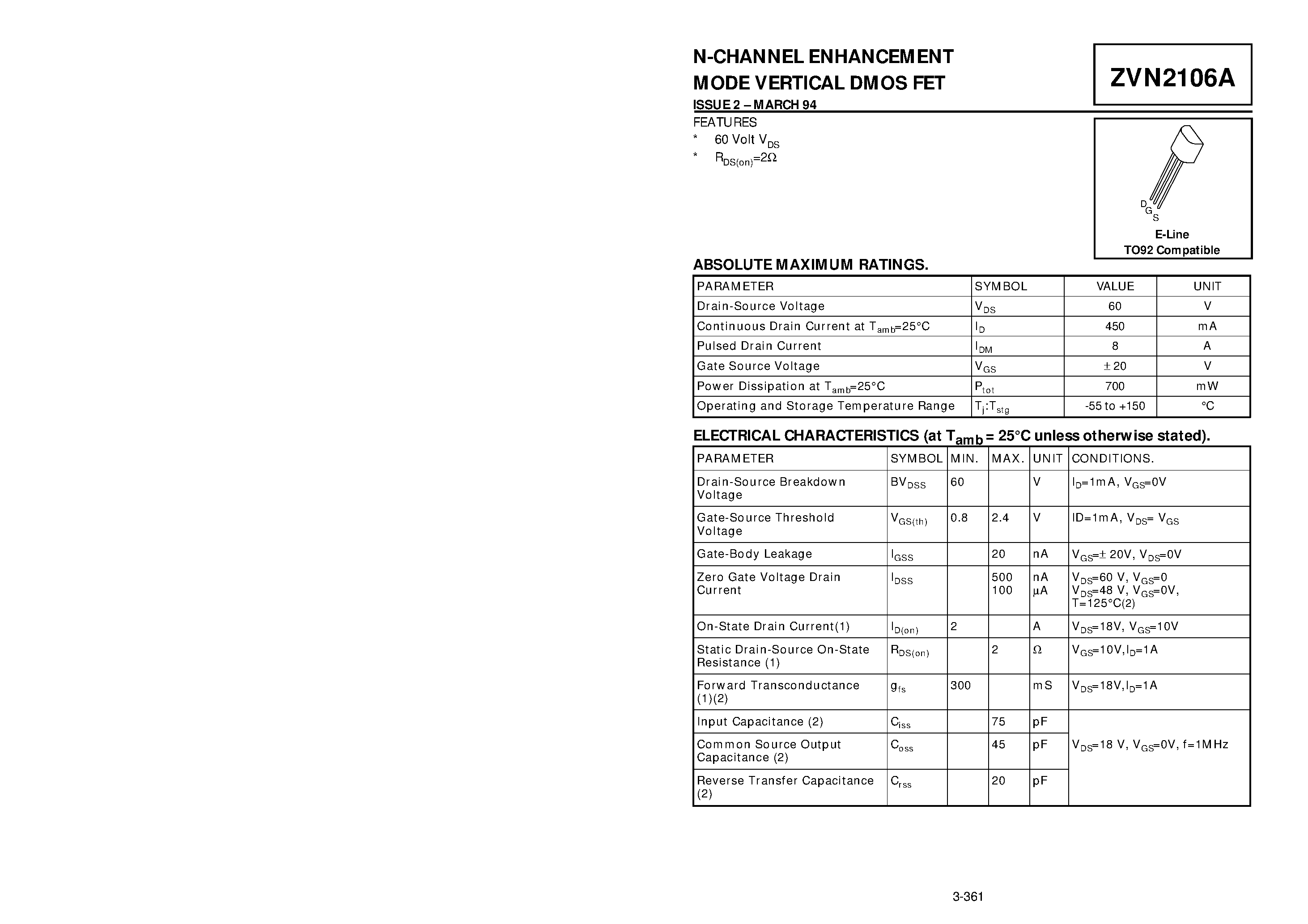 Datasheet ZVN2106 page 1 Datasheet ZVN2106 - N-CHANNEL ENHANCEMENT MODE VERTICAL DMOS FET page 1