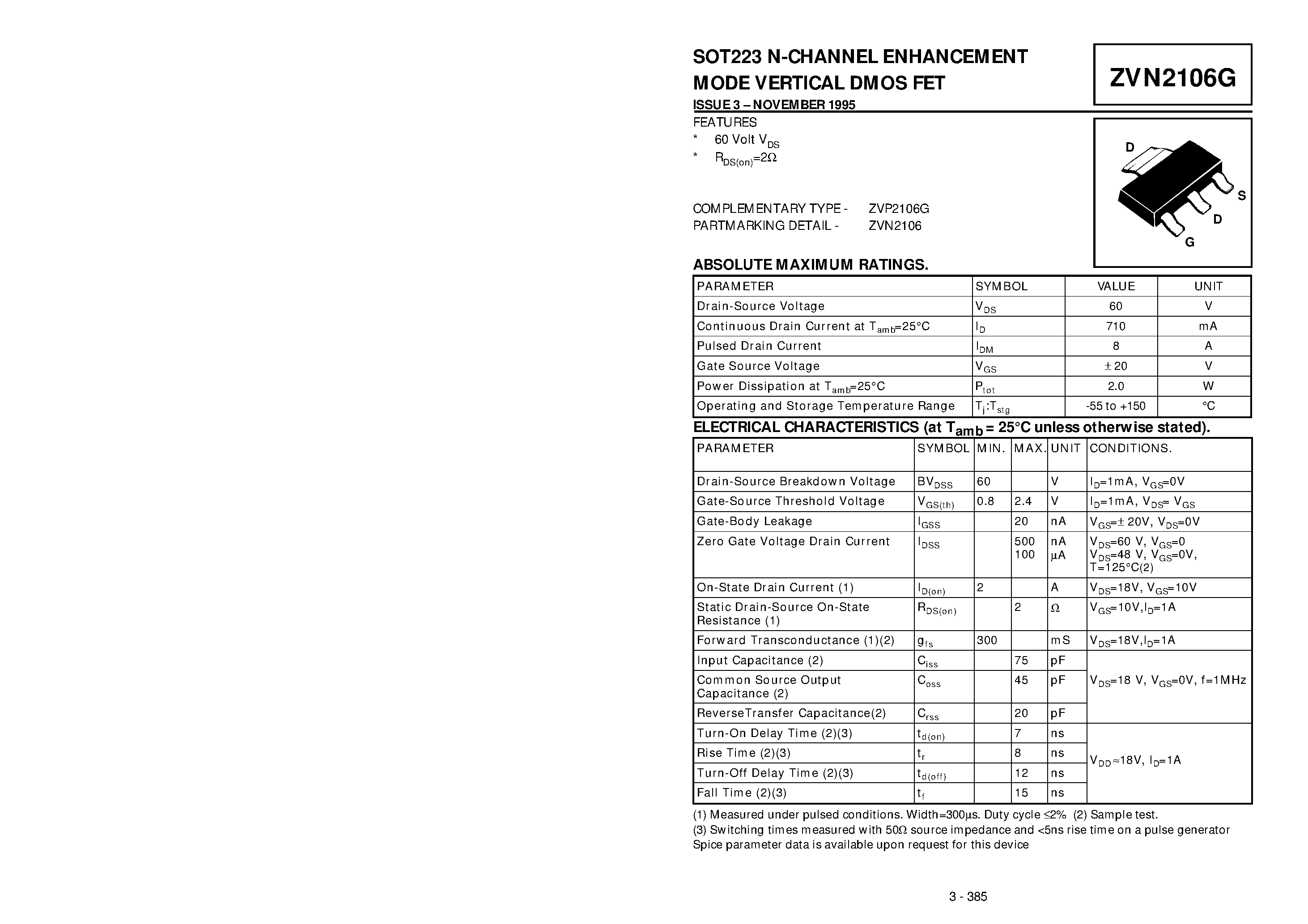 Datasheet ZVN2106G - N-CHANNEL ENHANCEMENT MODE VERTICAL DMOS FET page 1