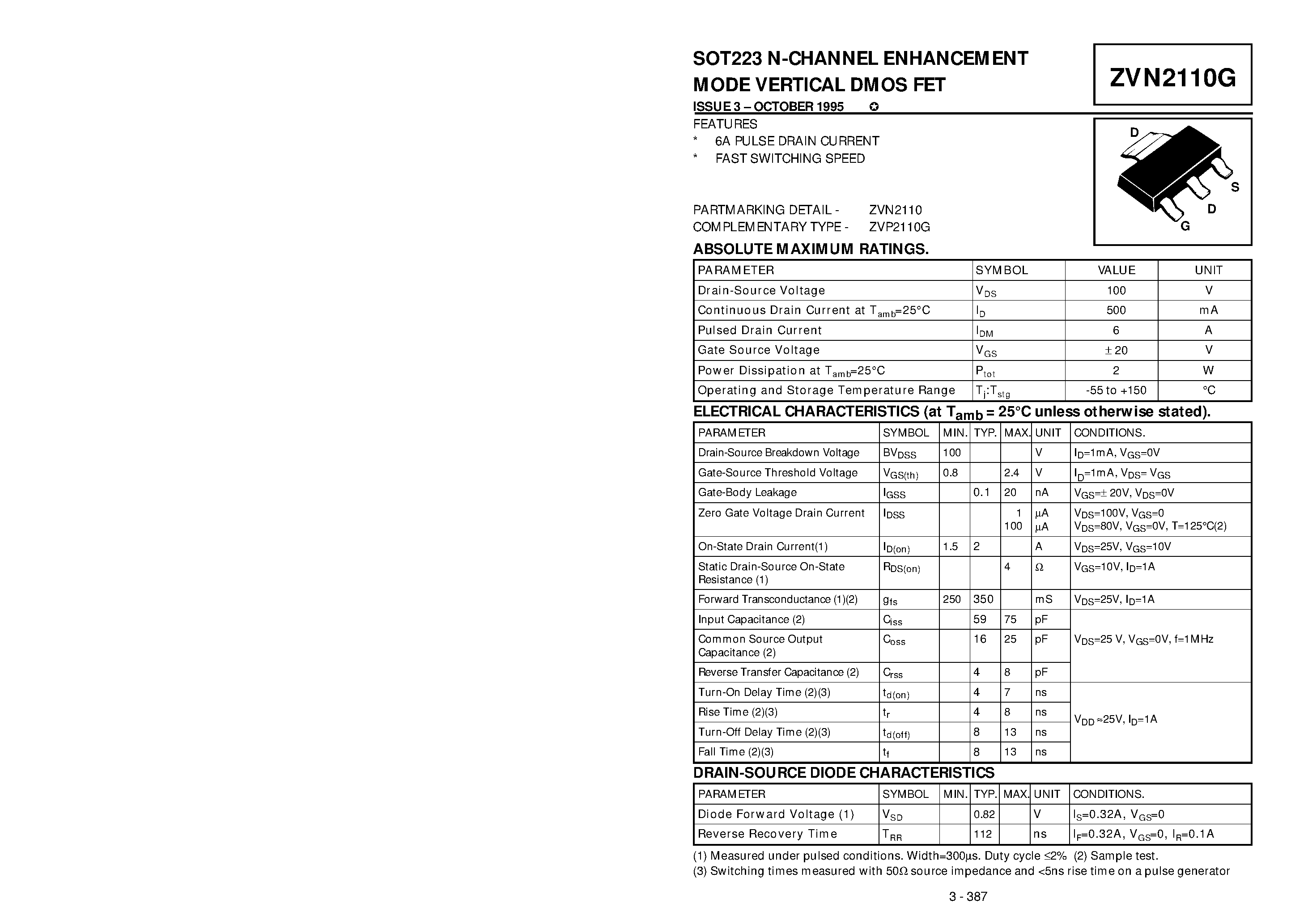 Datasheet ZVN2110G - N-CHANNEL ENHANCEMENT MODE VERTICAL DMOS FET page 1