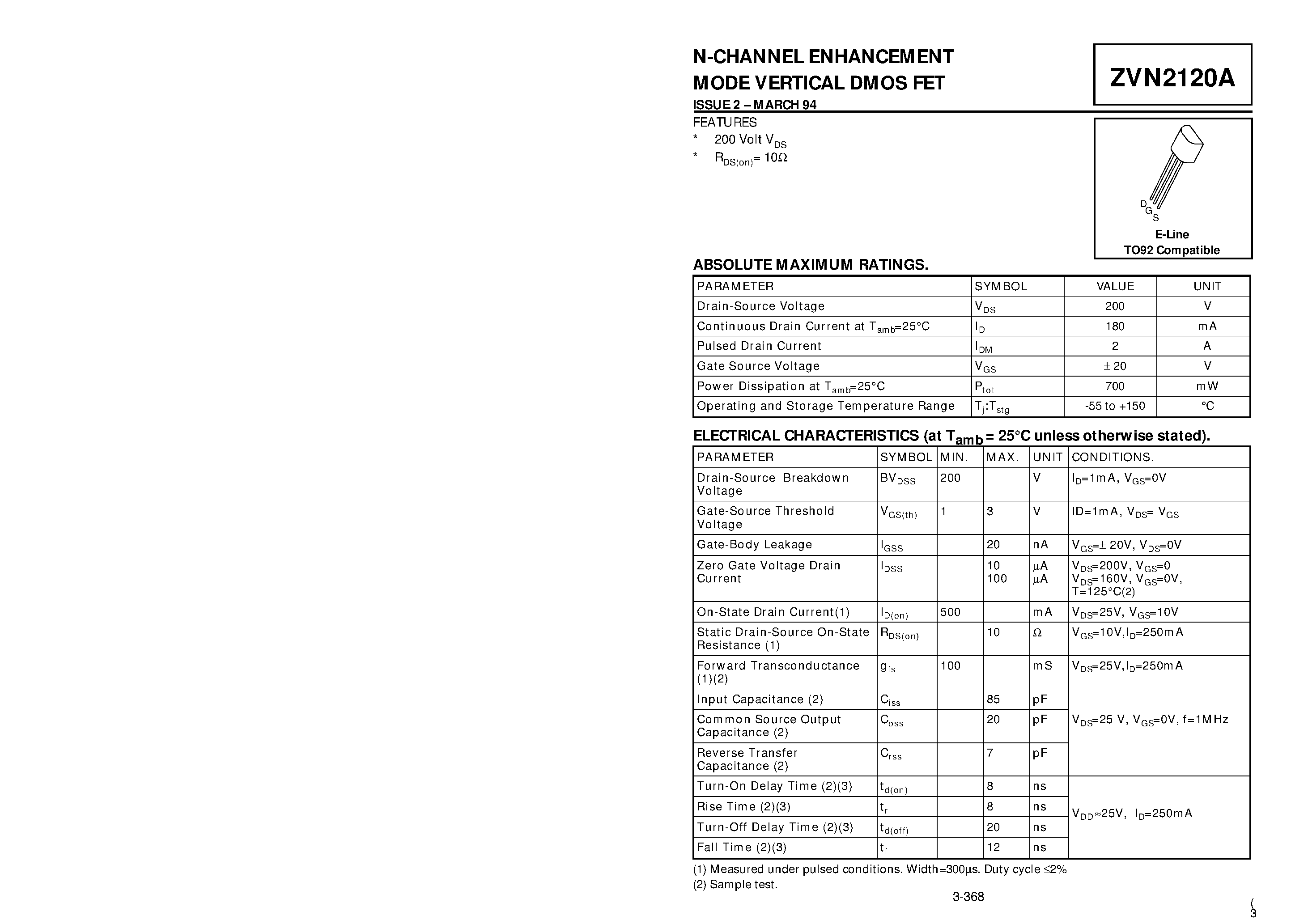 Datasheet ZVN2120A - N-CHANNEL ENHANCEMENT MODE VERTICAL DMOS FET page 1