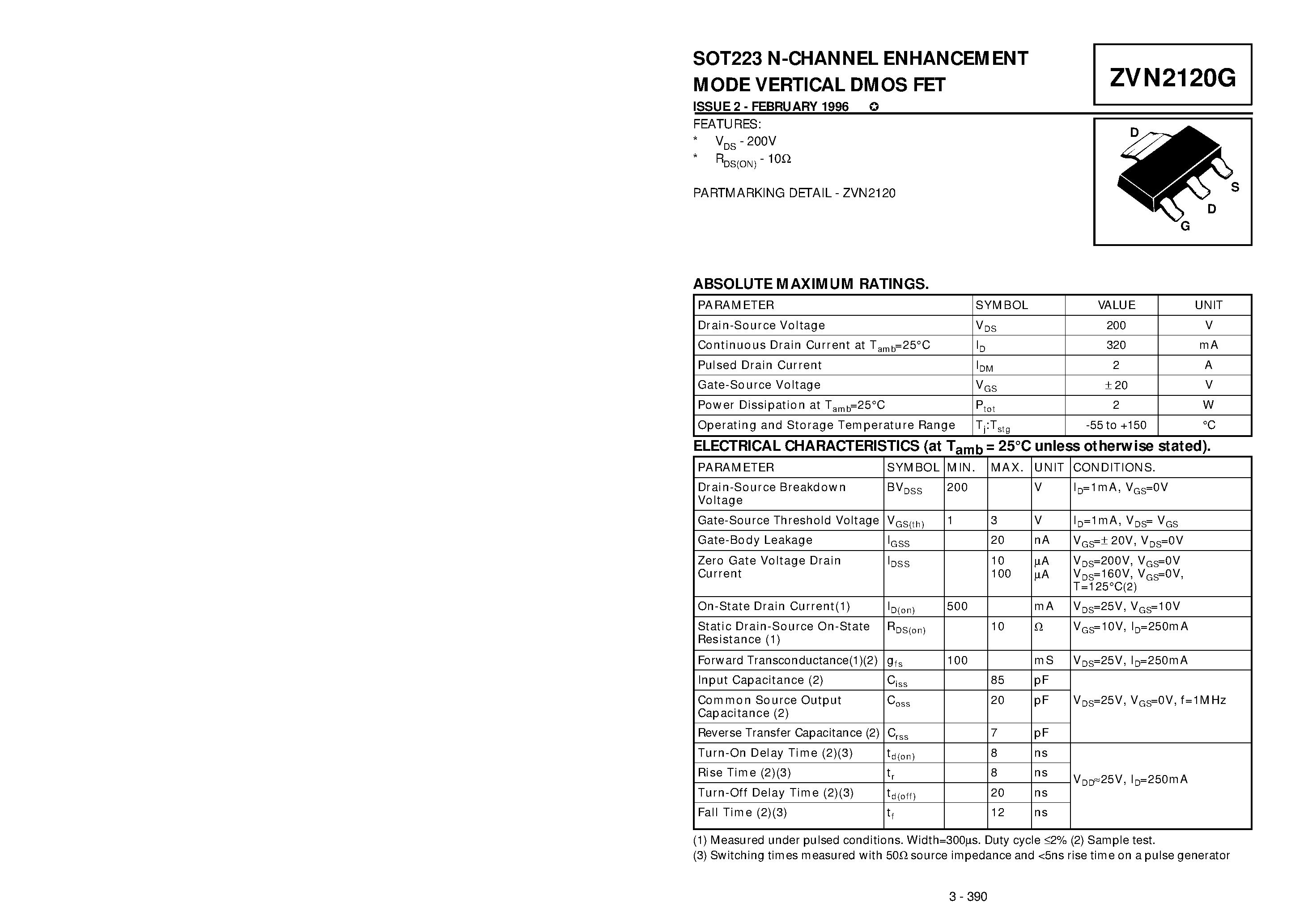 Datasheet ZVN2120G - N-CHANNEL ENHANCEMENT MODE VERTICAL DMOS FET page 1