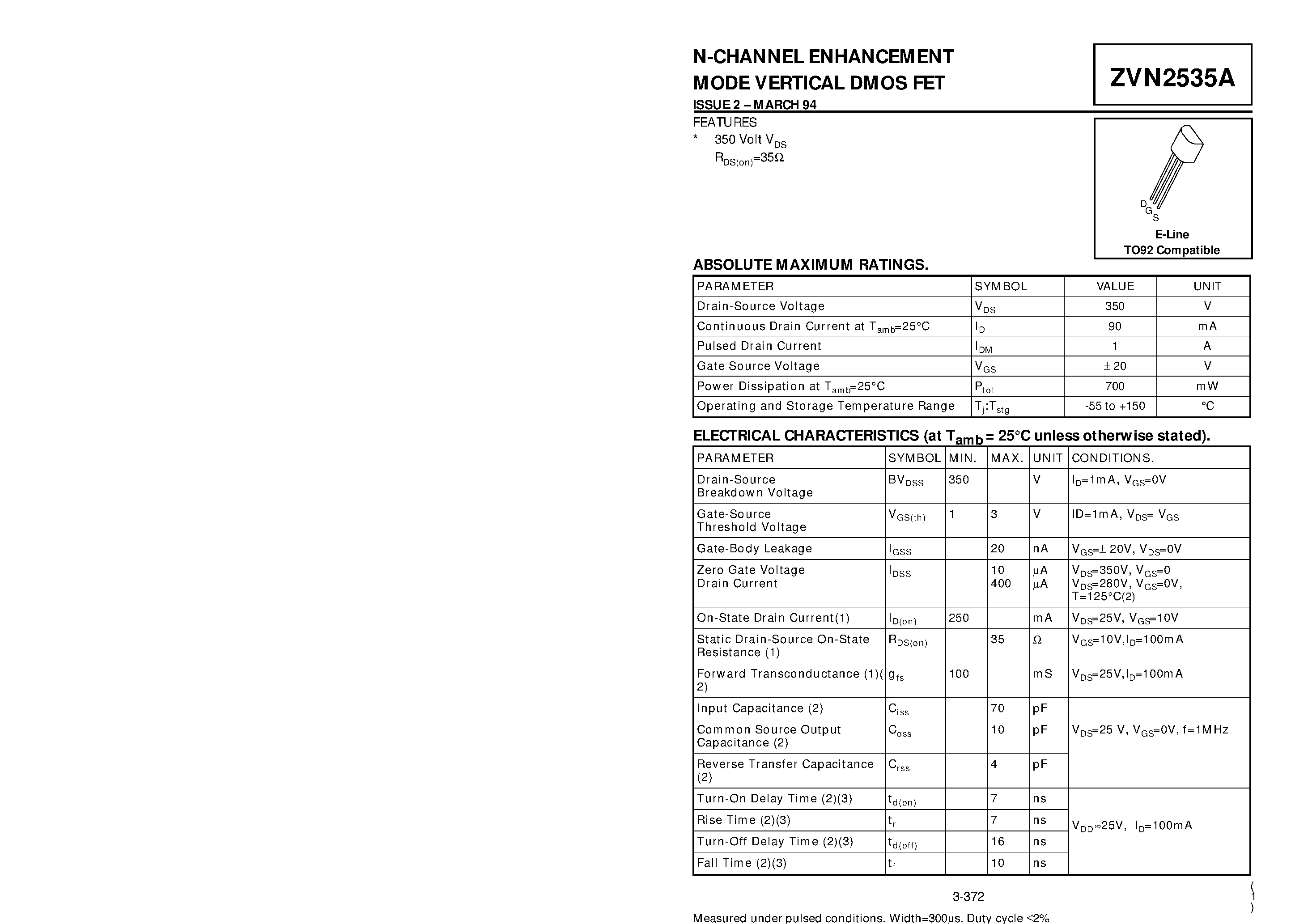 Datasheet ZVN2535A - N-CHANNEL ENHANCEMENT MODE VERTICAL DMOS FET page 1