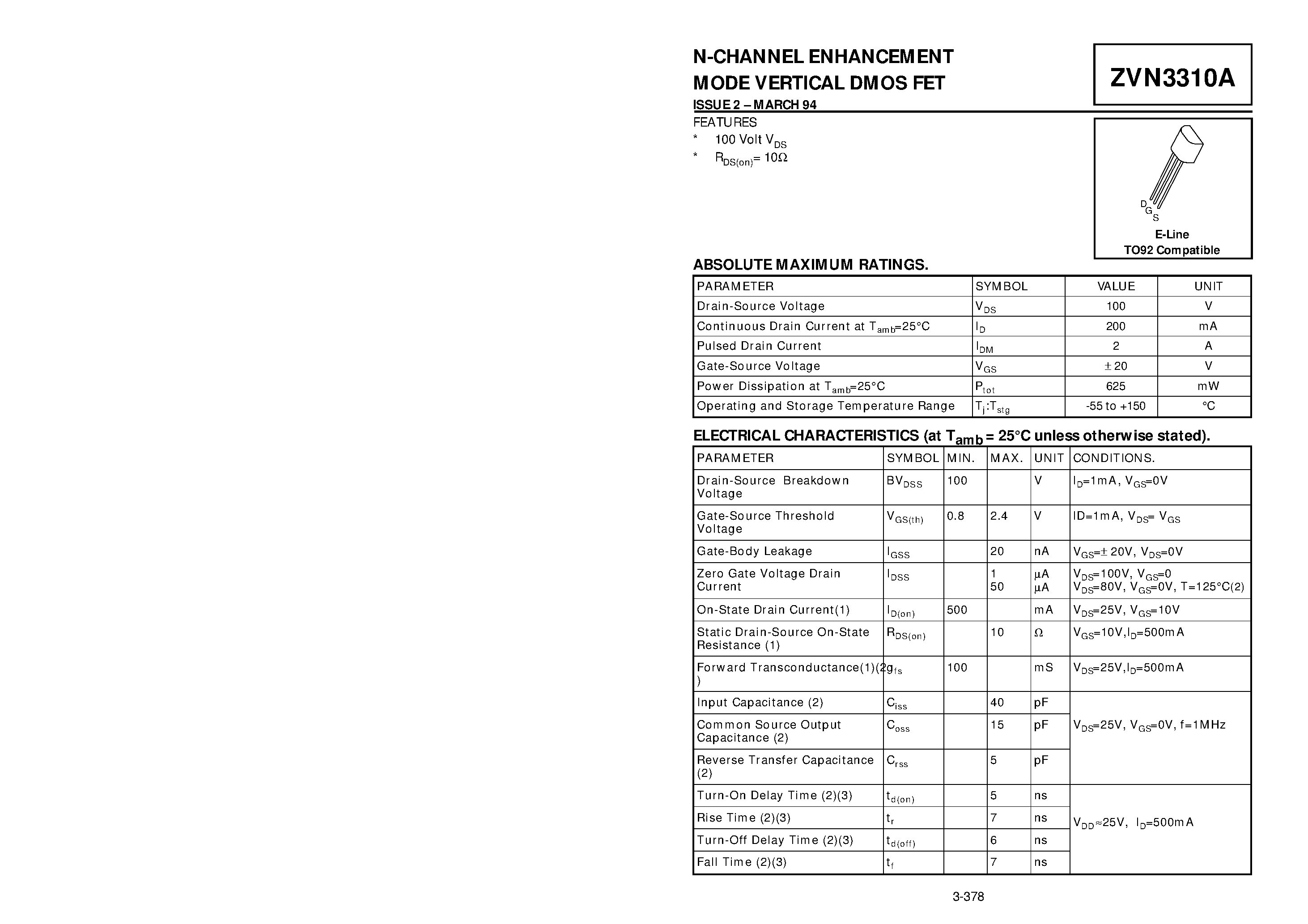Datasheet ZVN3310A - N-CHANNEL ENHANCEMENT MODE VERTICAL DMOS FET page 1