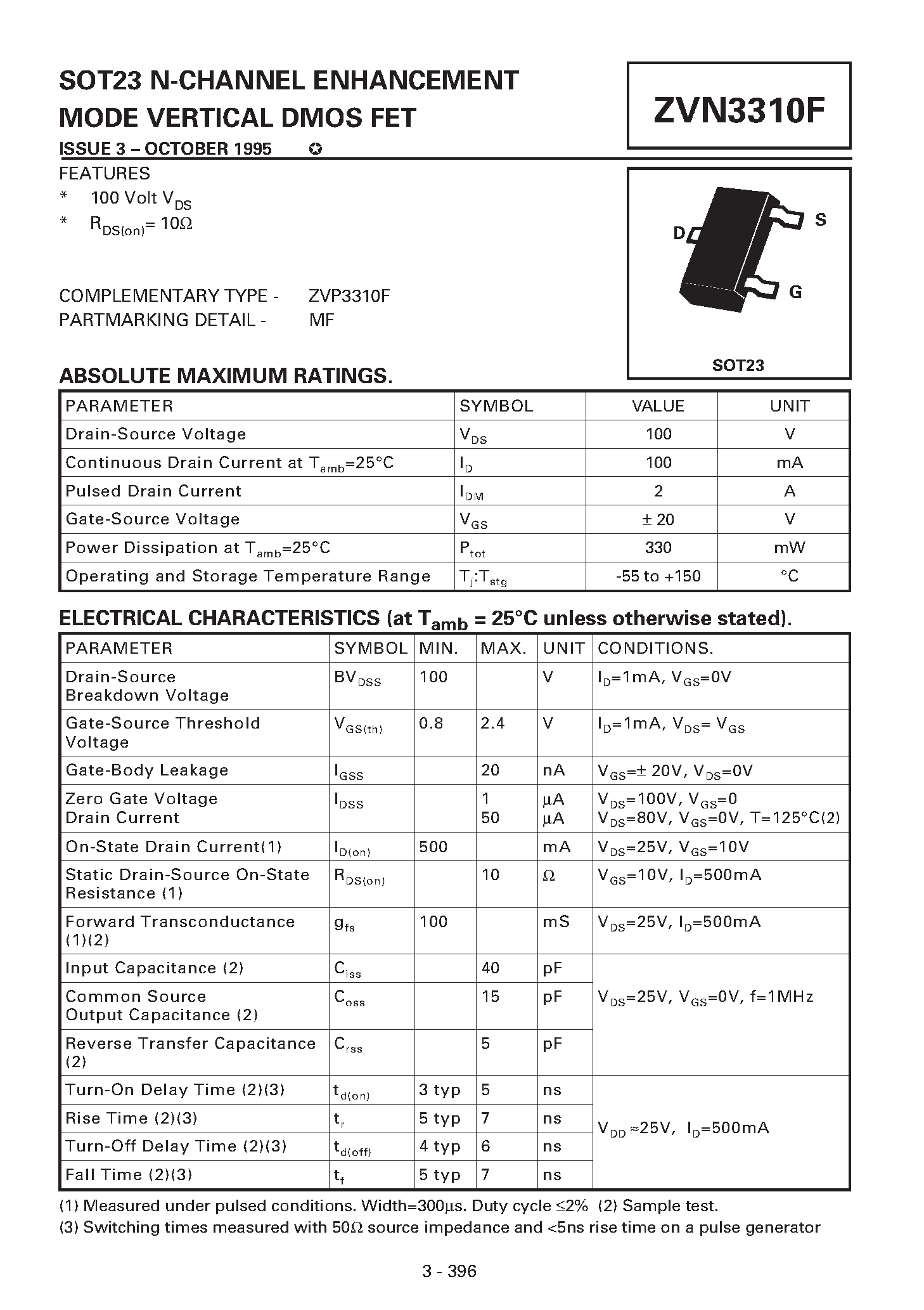 Datasheet ZVN3310F - N-CHANNEL ENHANCEMENT MODE VERTICAL DMOS FET page 1