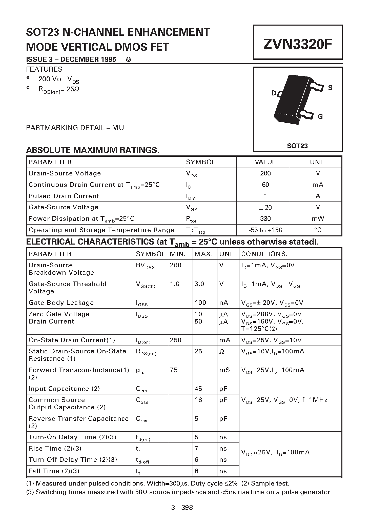 Datasheet ZVN3320F - N-CHANNEL ENHANCEMENT MODE VERTICAL DMOS FET page 1