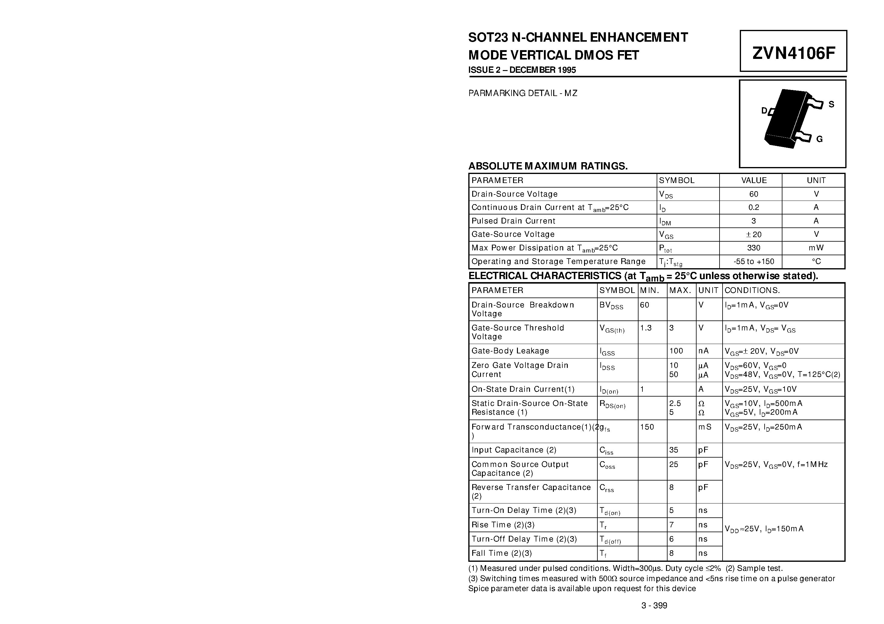 Datasheet ZVN4106F - N-CHANNEL ENHANCEMENT MODE VERTICAL DMOS FET page 1