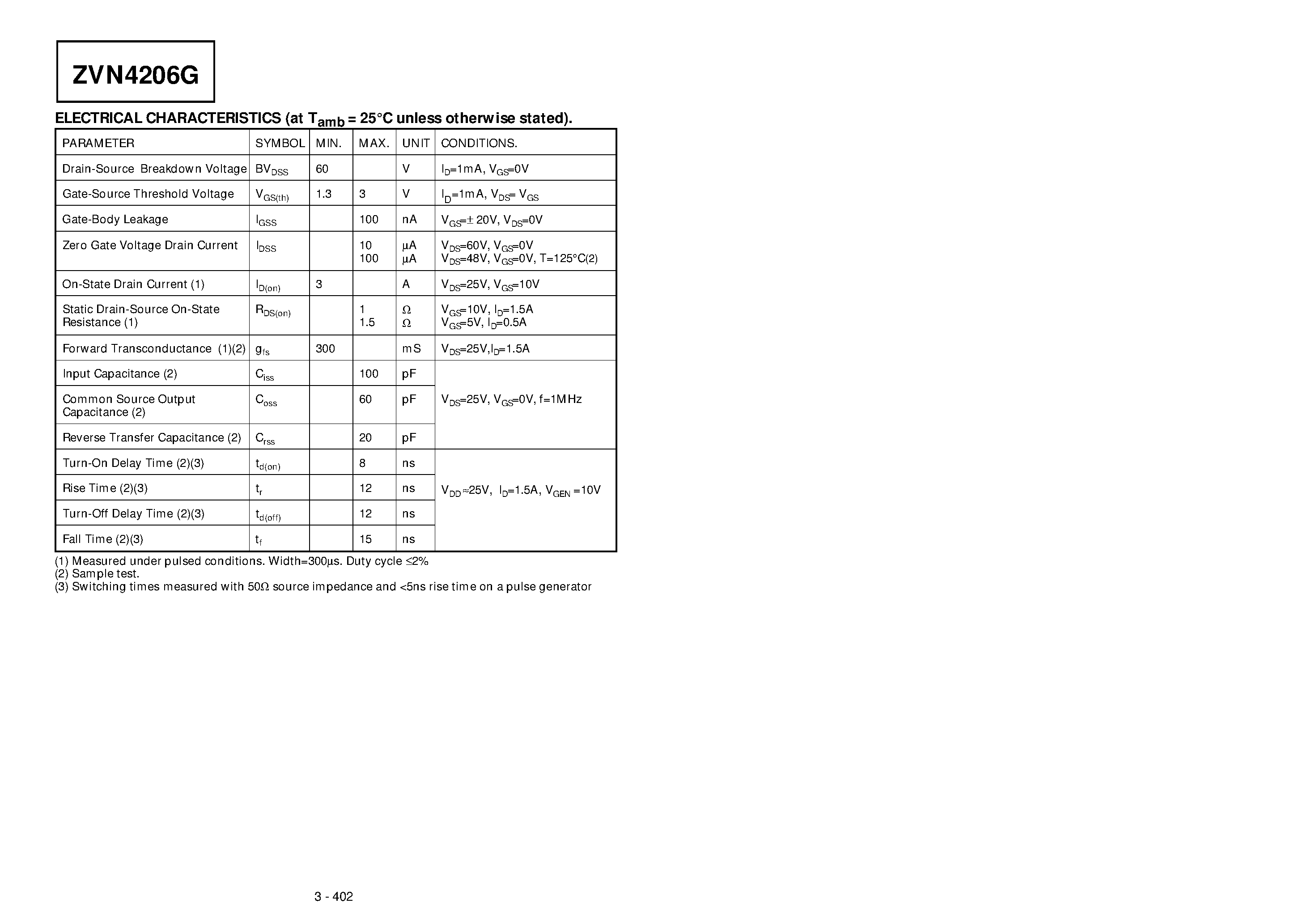 Datasheet ZVN4206G page 2 Datasheet ZVN4206G - N-CHANNEL ENHANCEMENT MODE VERTICAL DMOS FET page 2