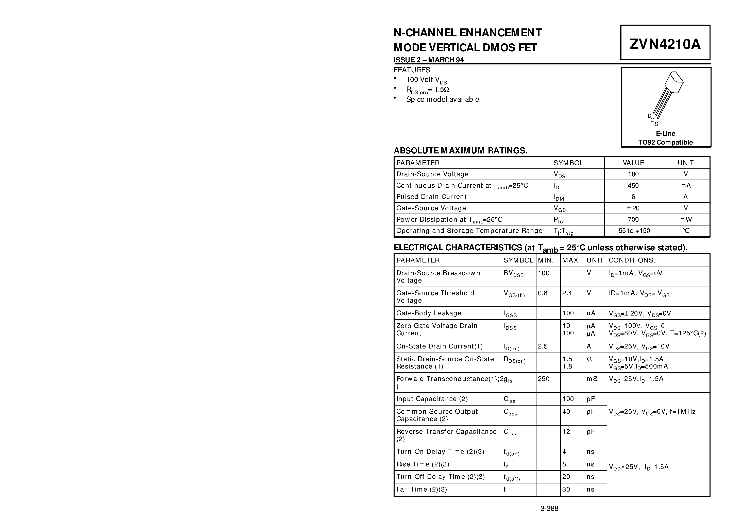 Datasheet ZVN4210A - N-CHANNEL ENHANCEMENT MODE VERTICAL DMOS FET page 1