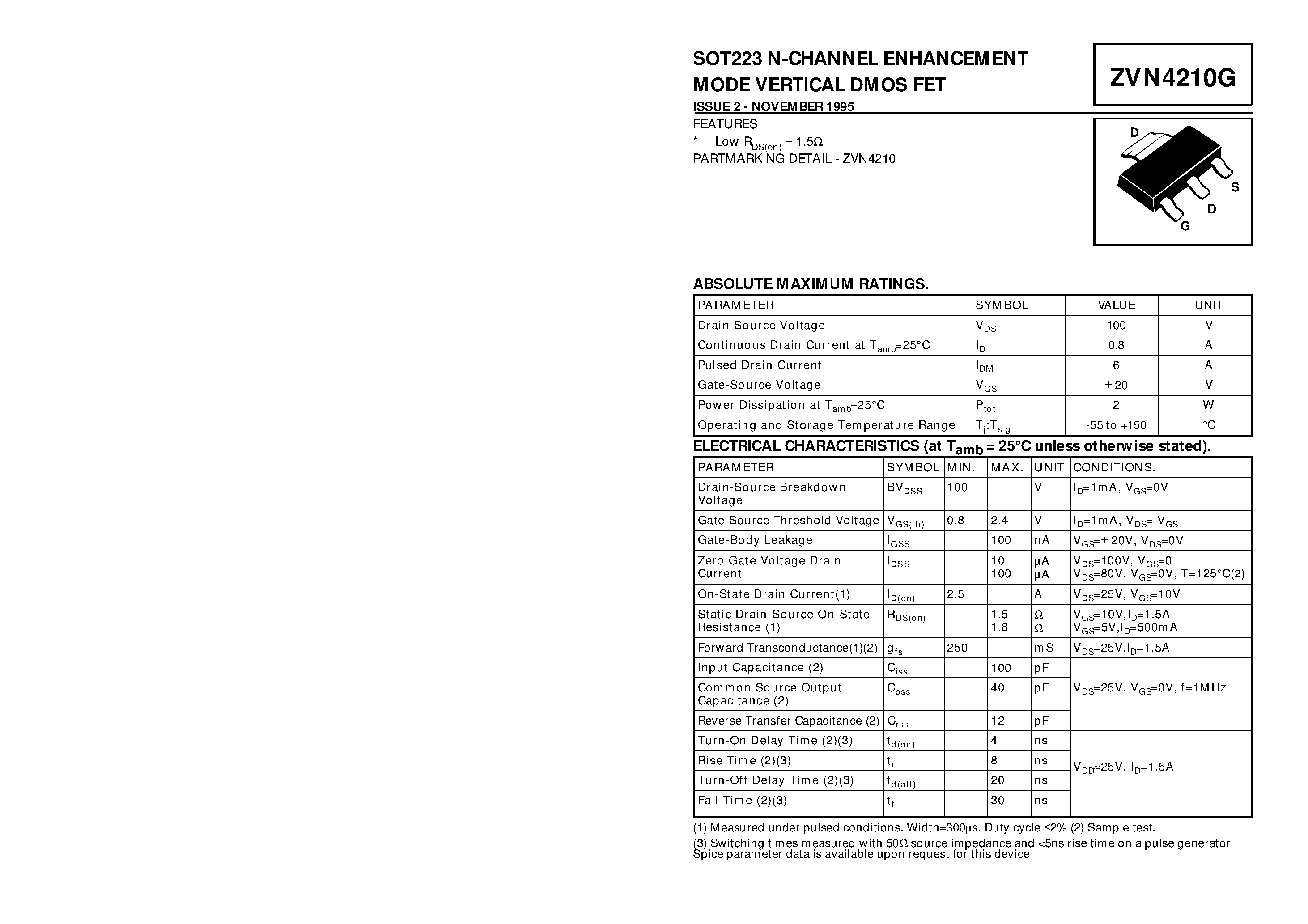 Datasheet ZVN4210G - N-CHANNEL ENHANCEMENT MODE VERTICAL DMOS FET page 1