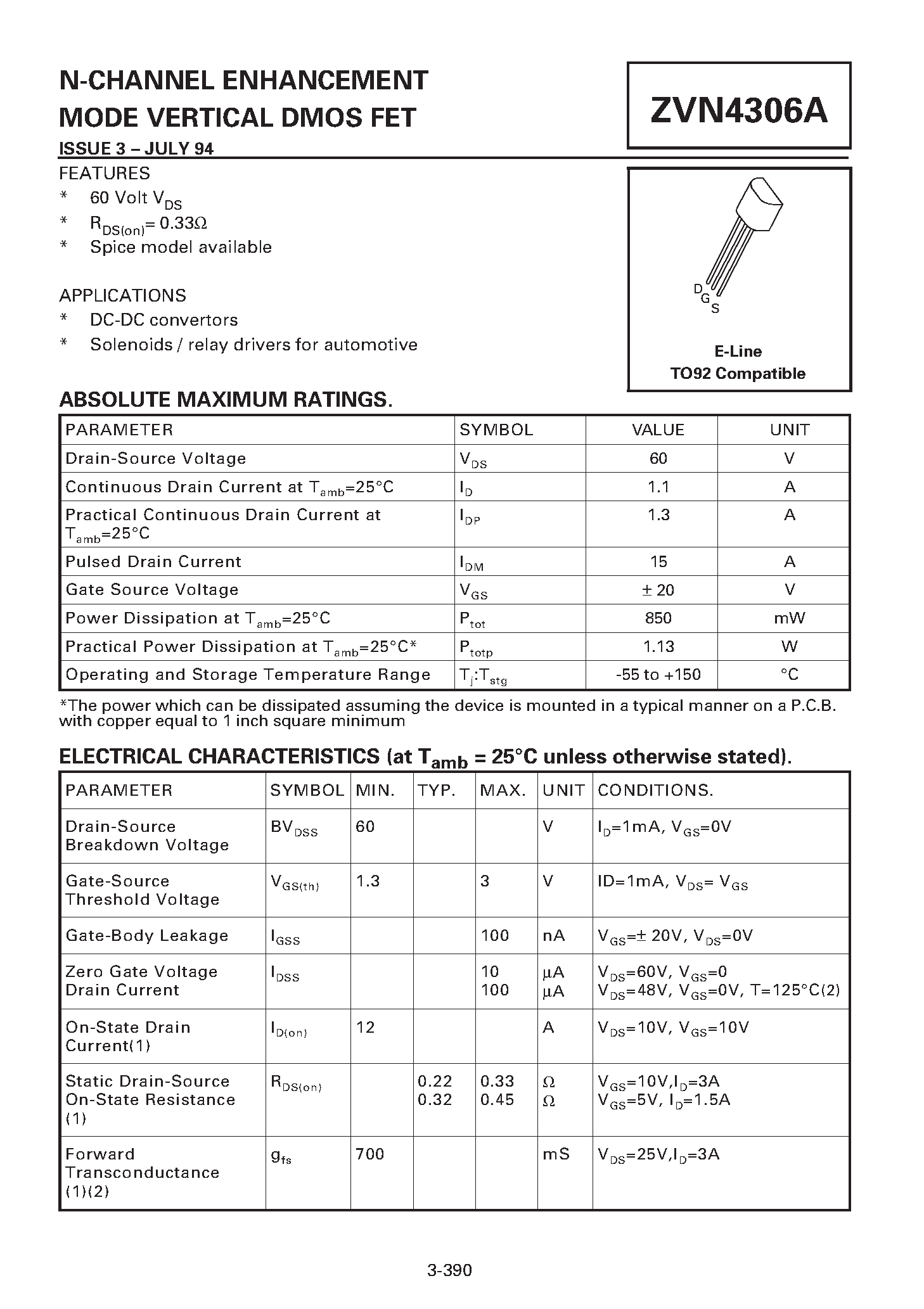 Datasheet ZVN4306A - N-CHANNEL ENHANCEMENT MODE VERTICAL DMOS FET page 1