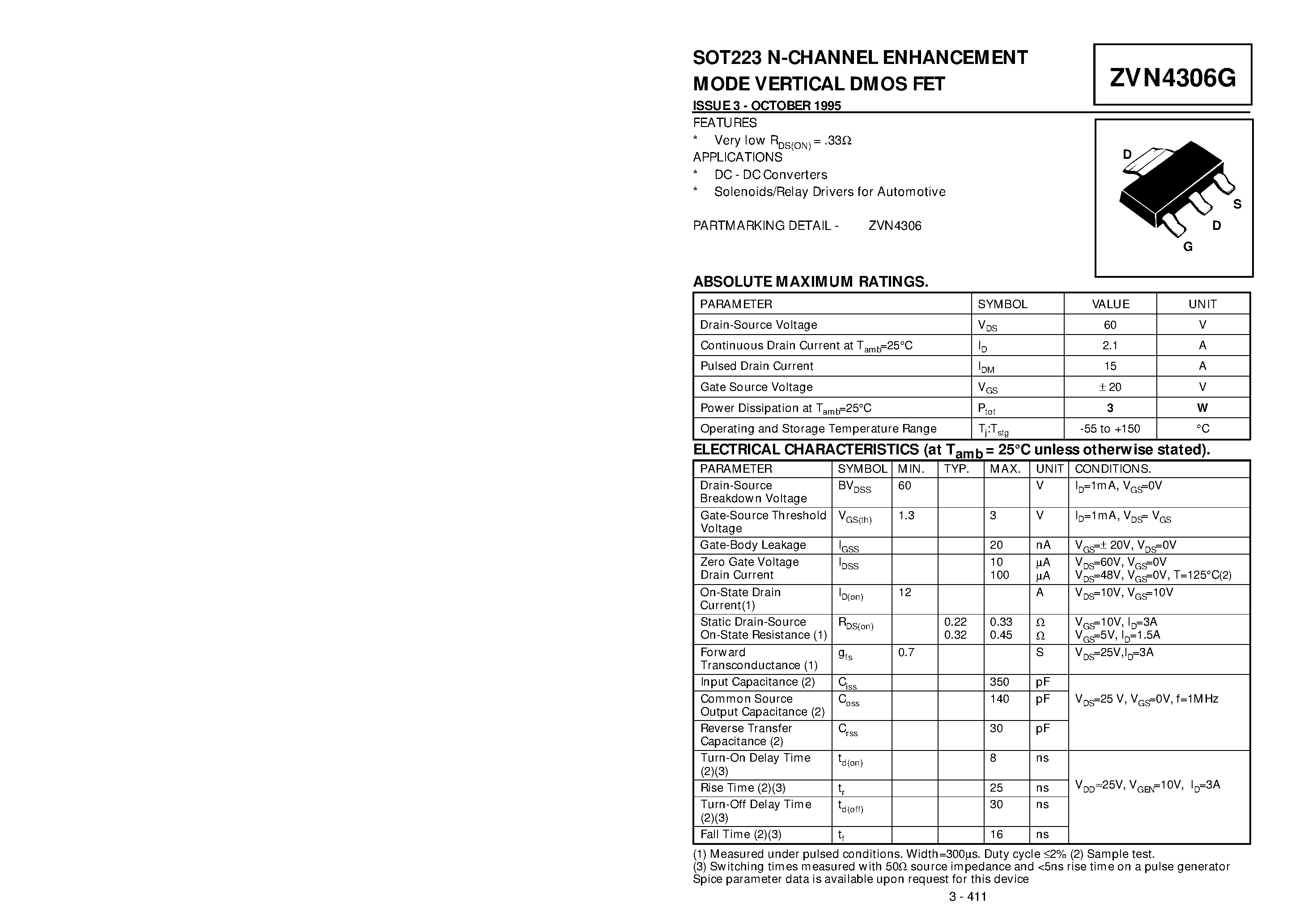 Datasheet ZVN4306G - N-CHANNEL ENHANCEMENT MODE VERTICAL DMOS FET page 1