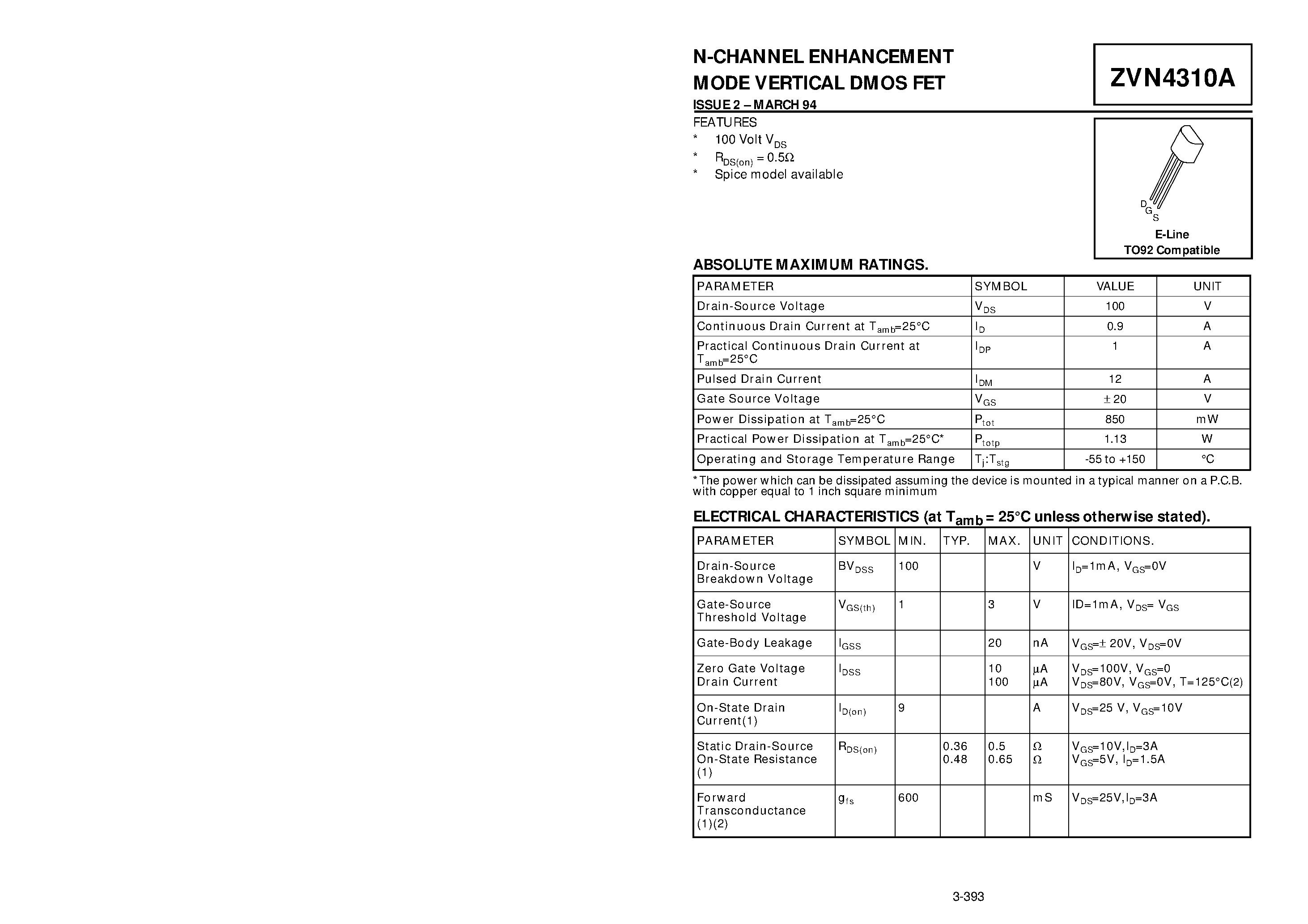 Datasheet ZVN4310A - N-CHANNEL ENHANCEMENT MODE VERTICAL DMOS FET page 1