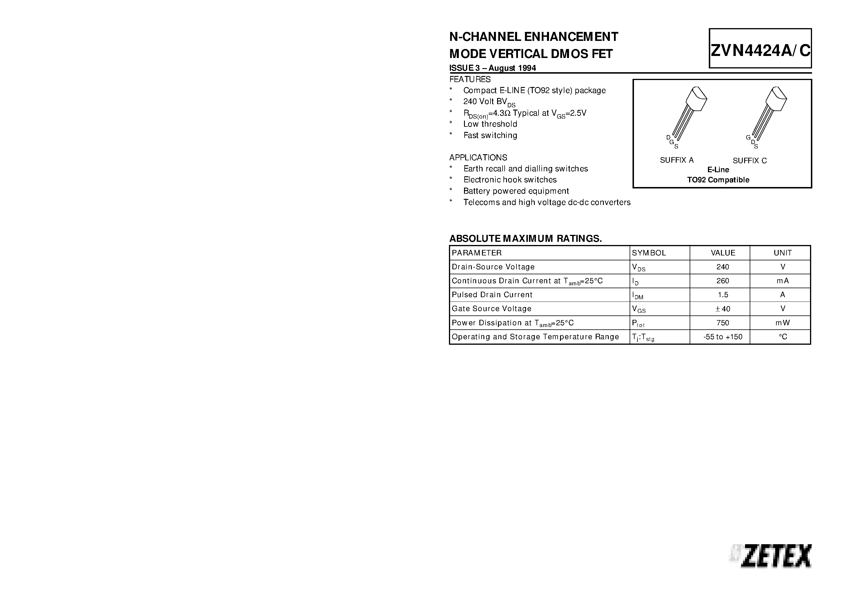 Datasheet ZVN4424A - N-CHANNEL ENHANCEMENT MODE VERTICAL DMOS FET page 1