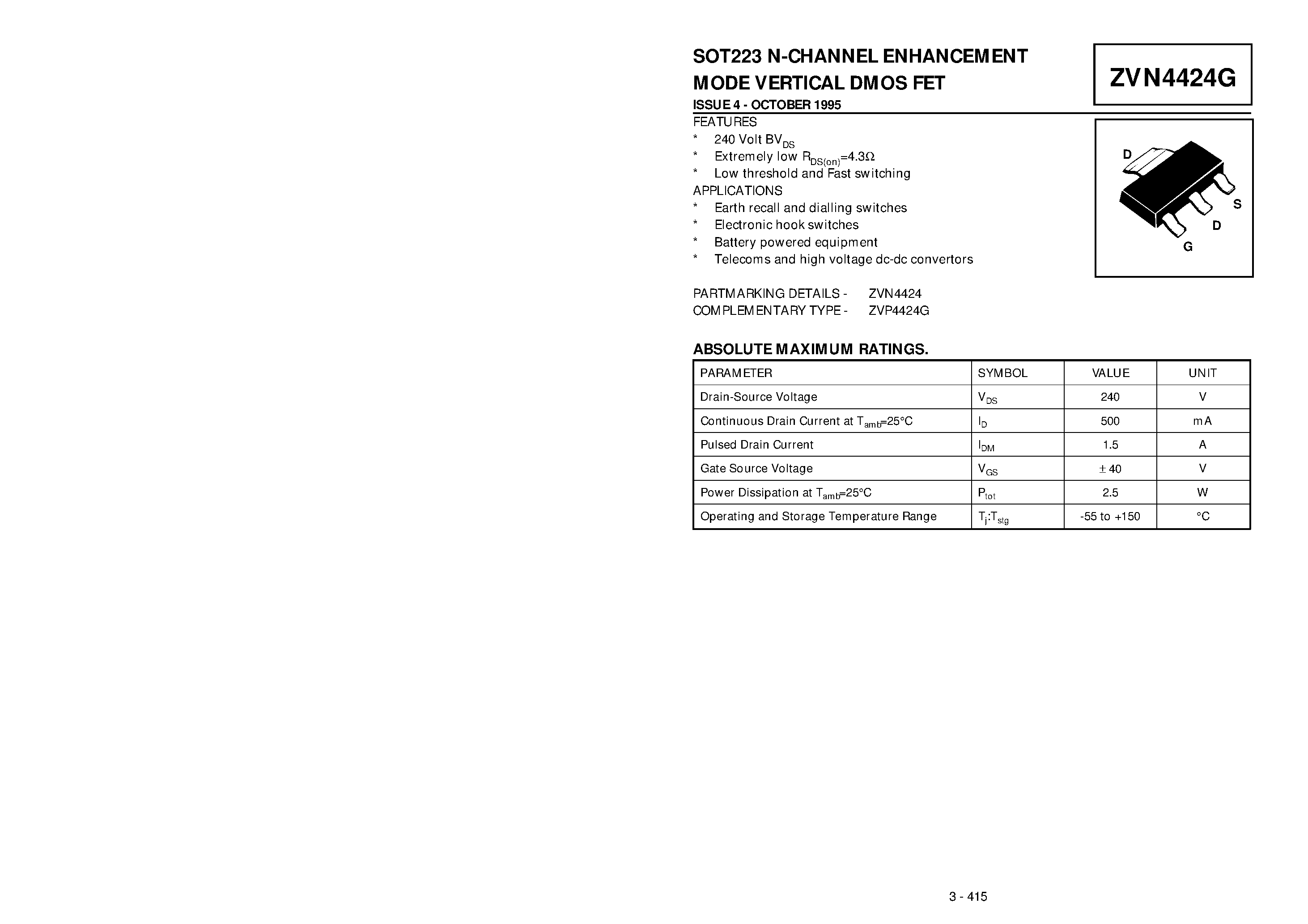 Datasheet ZVN4424G - N-CHANNEL ENHANCEMENT MODE VERTICAL DMOS FET page 1