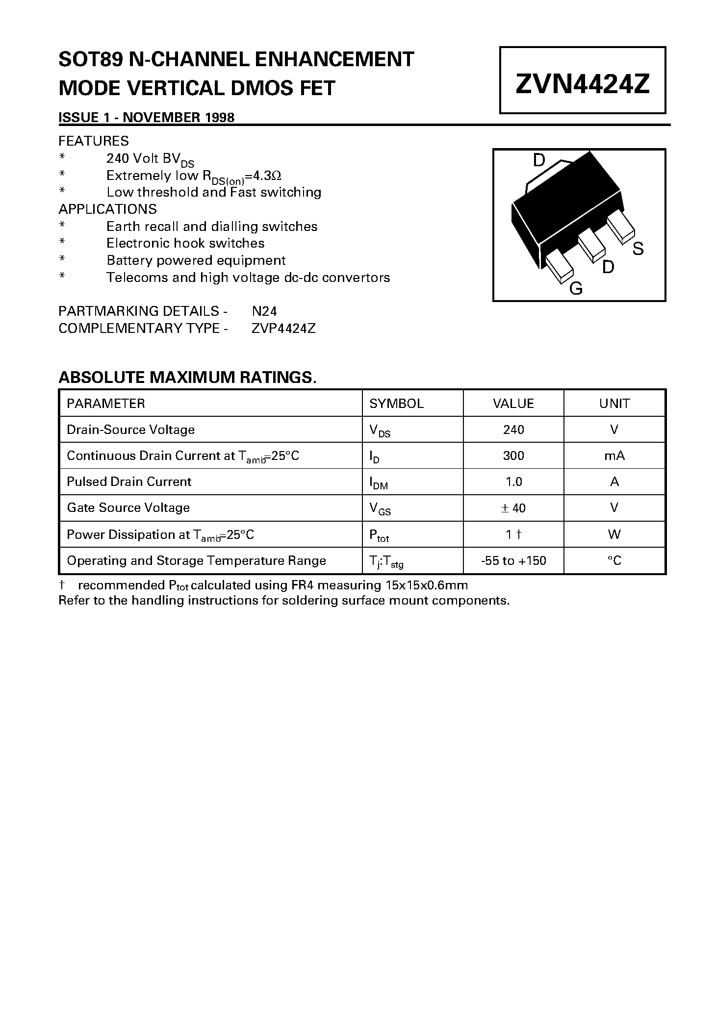 Datasheet ZVN4424Z - N-CHANNEL ENHANCEMENT MODE VERTICAL DMOS FET page 1