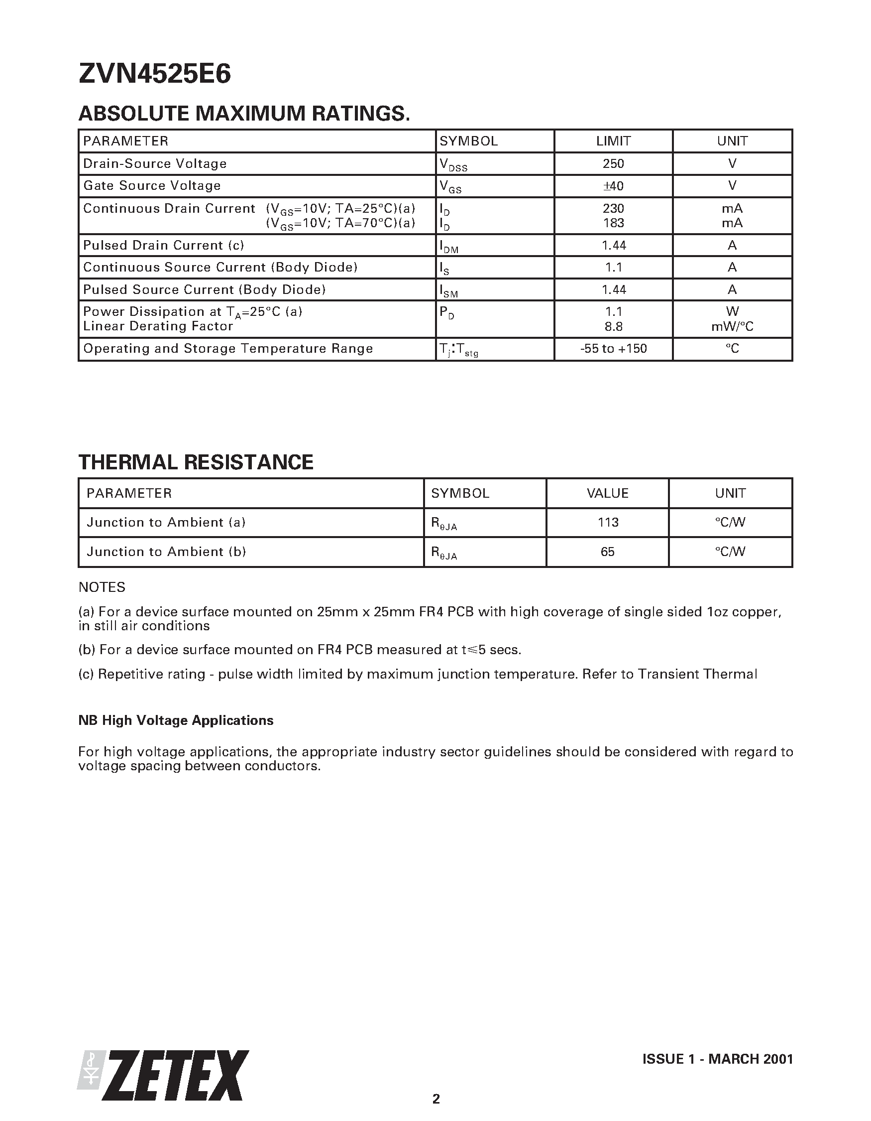 Datasheet ZVN4525E6TC - 250V N-CHANNEL ENHANCEMENT MODE MOSFET page 2