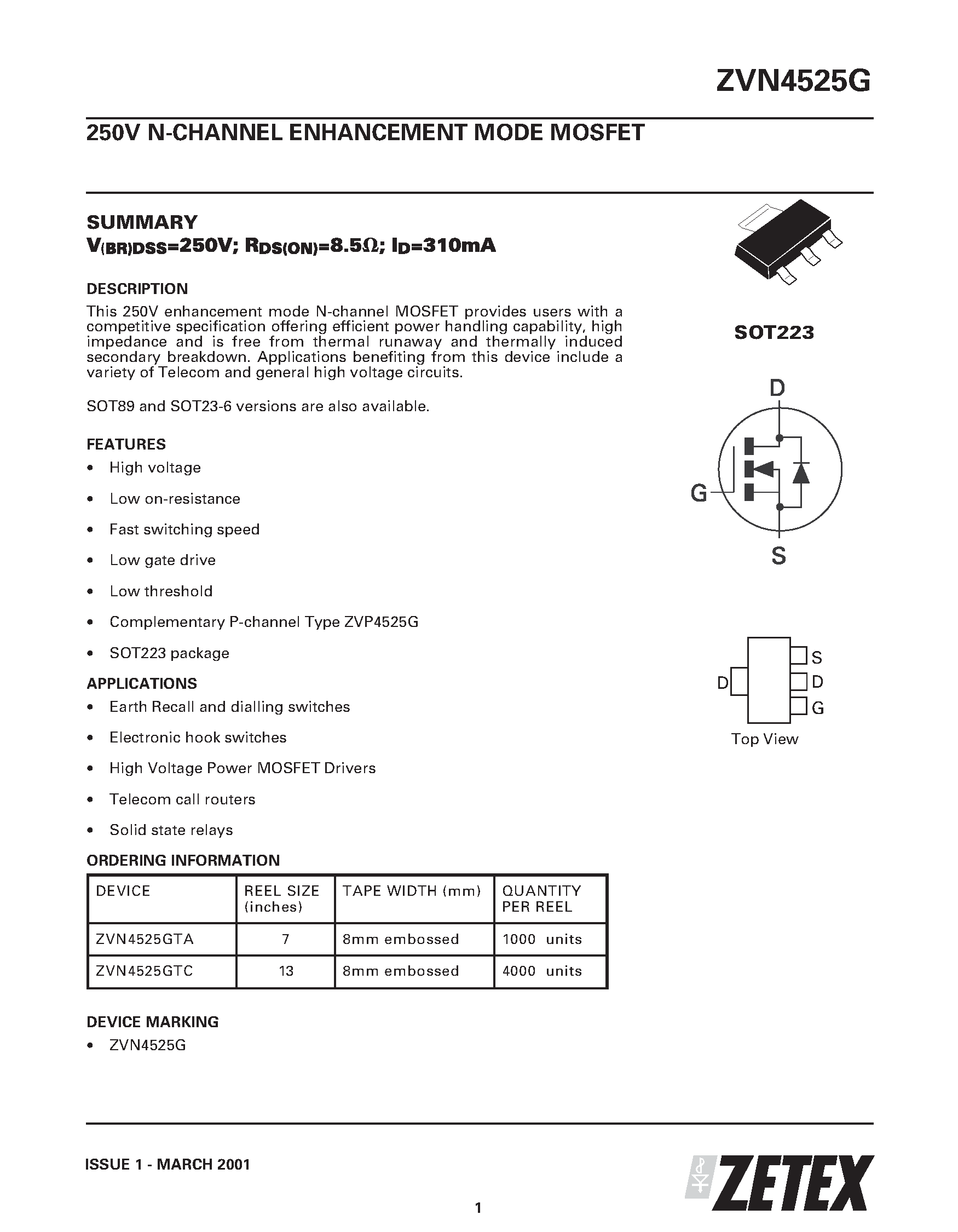 Datasheet ZVN4525G - 250V N-CHANNEL ENHANCEMENT MODE MOSFET page 1