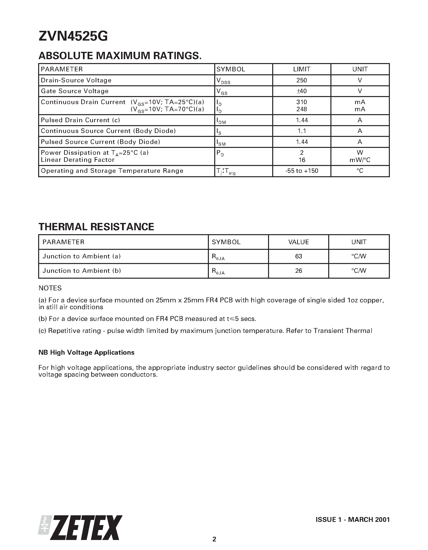 Datasheet ZVN4525GTA - 250V N-CHANNEL ENHANCEMENT MODE MOSFET page 2