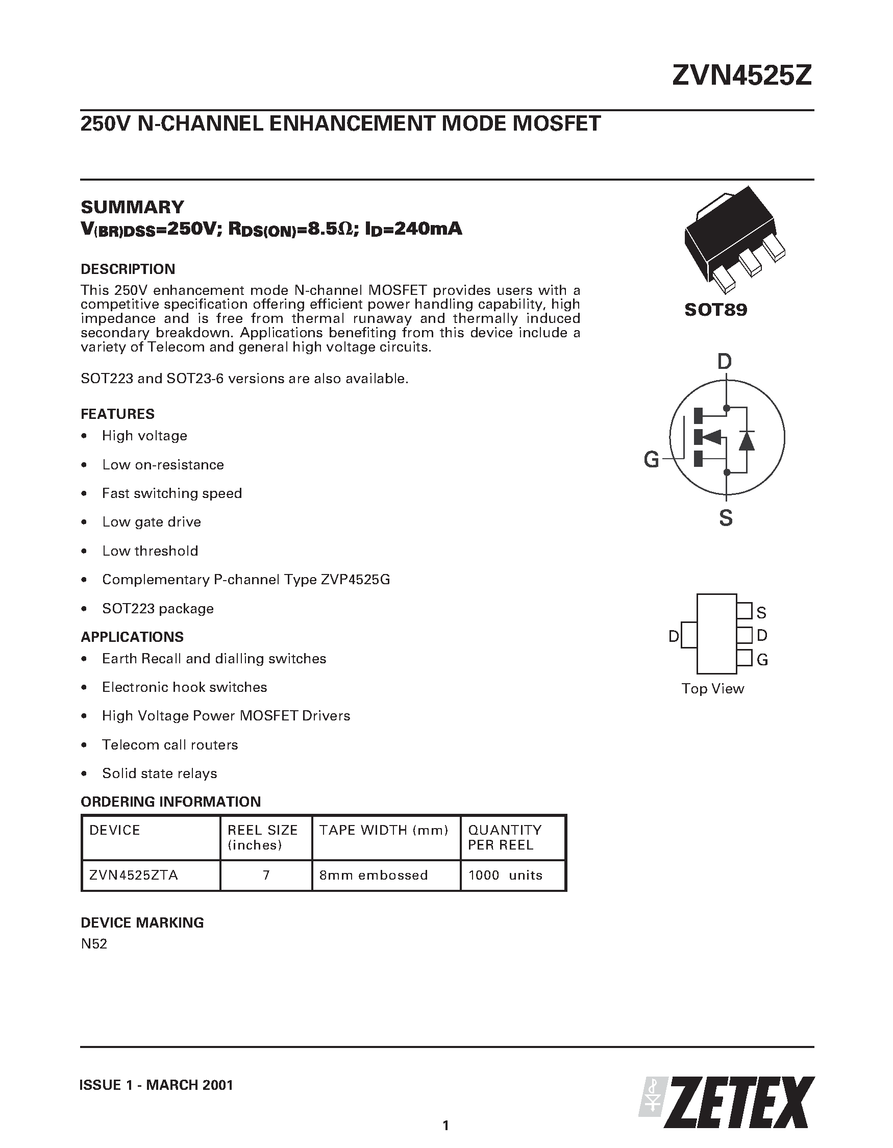 Datasheet ZVN4525Z - 250V N-CHANNEL ENHANCEMENT MODE MOSFET page 1