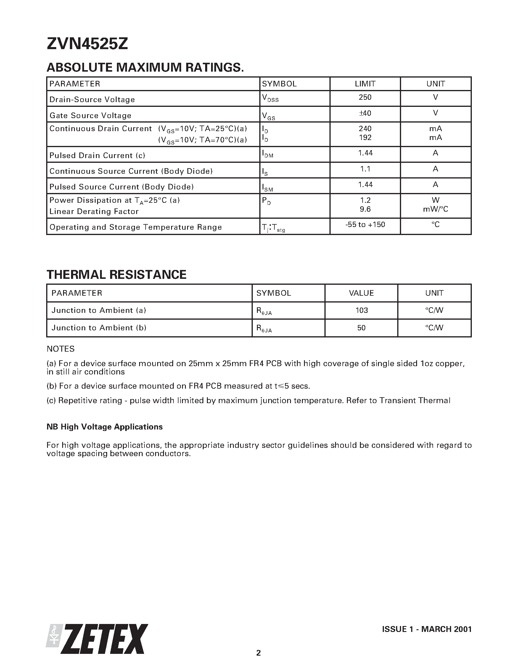 Datasheet ZVN4525ZTA - 250V N-CHANNEL ENHANCEMENT MODE MOSFET page 2