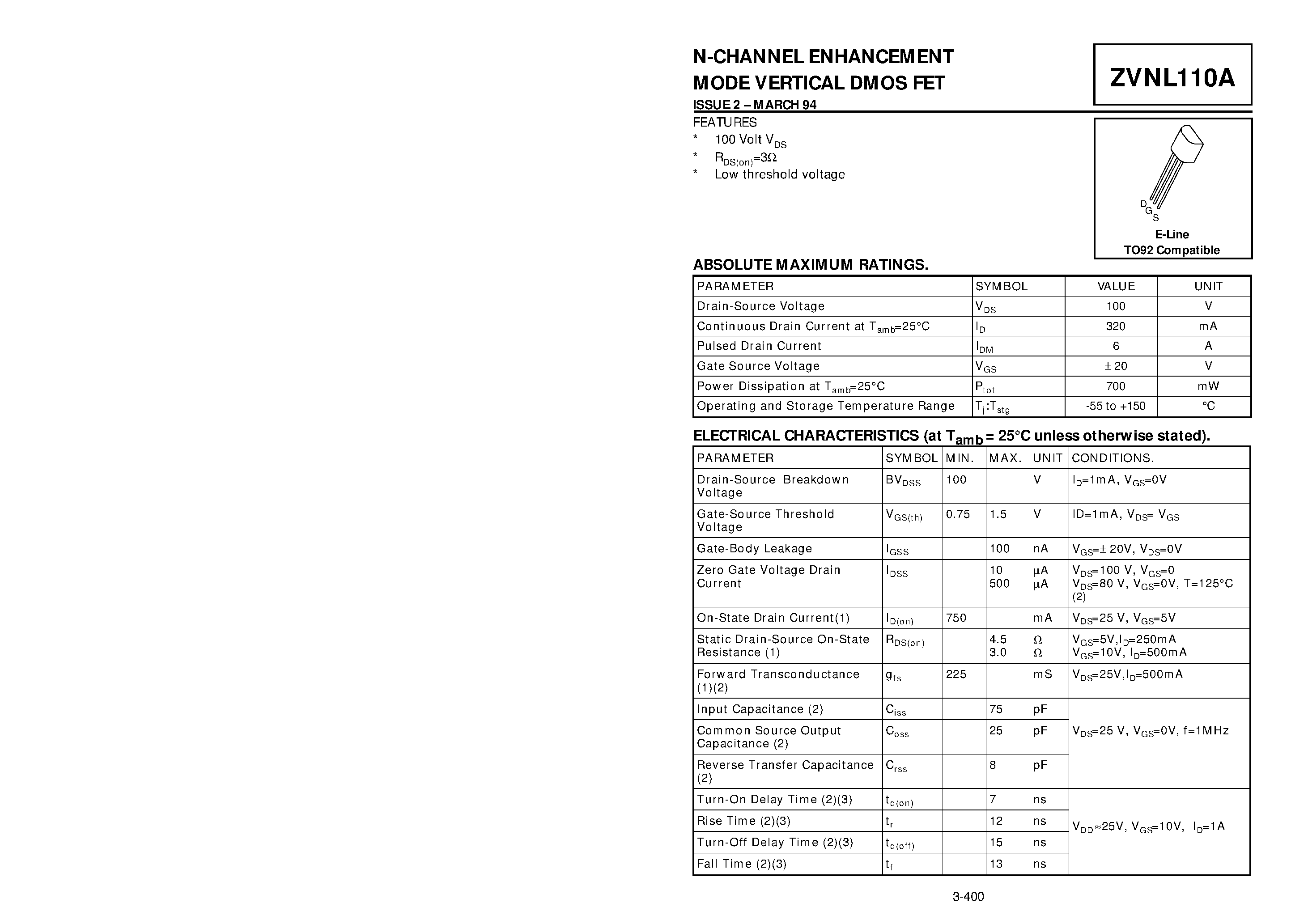 Datasheet ZVNL110A - N-CHANNEL ENHANCEMENT MODE VERTICAL DMOS FET page 1