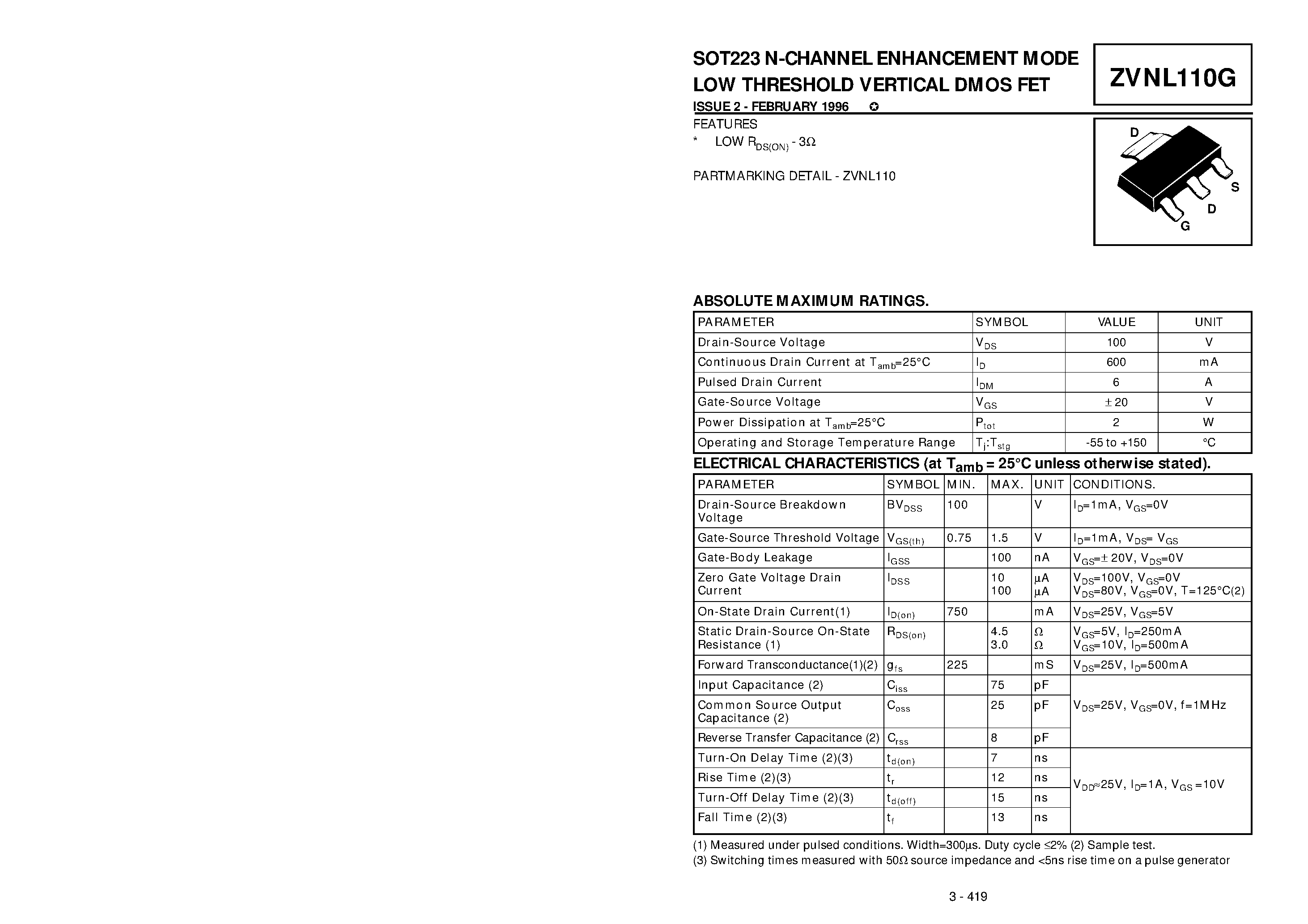 Datasheet ZVNL110G - N-CHANNEL ENHANCEMENT MODE LOW THRESHOLD VERTICAL DMOS FET page 1