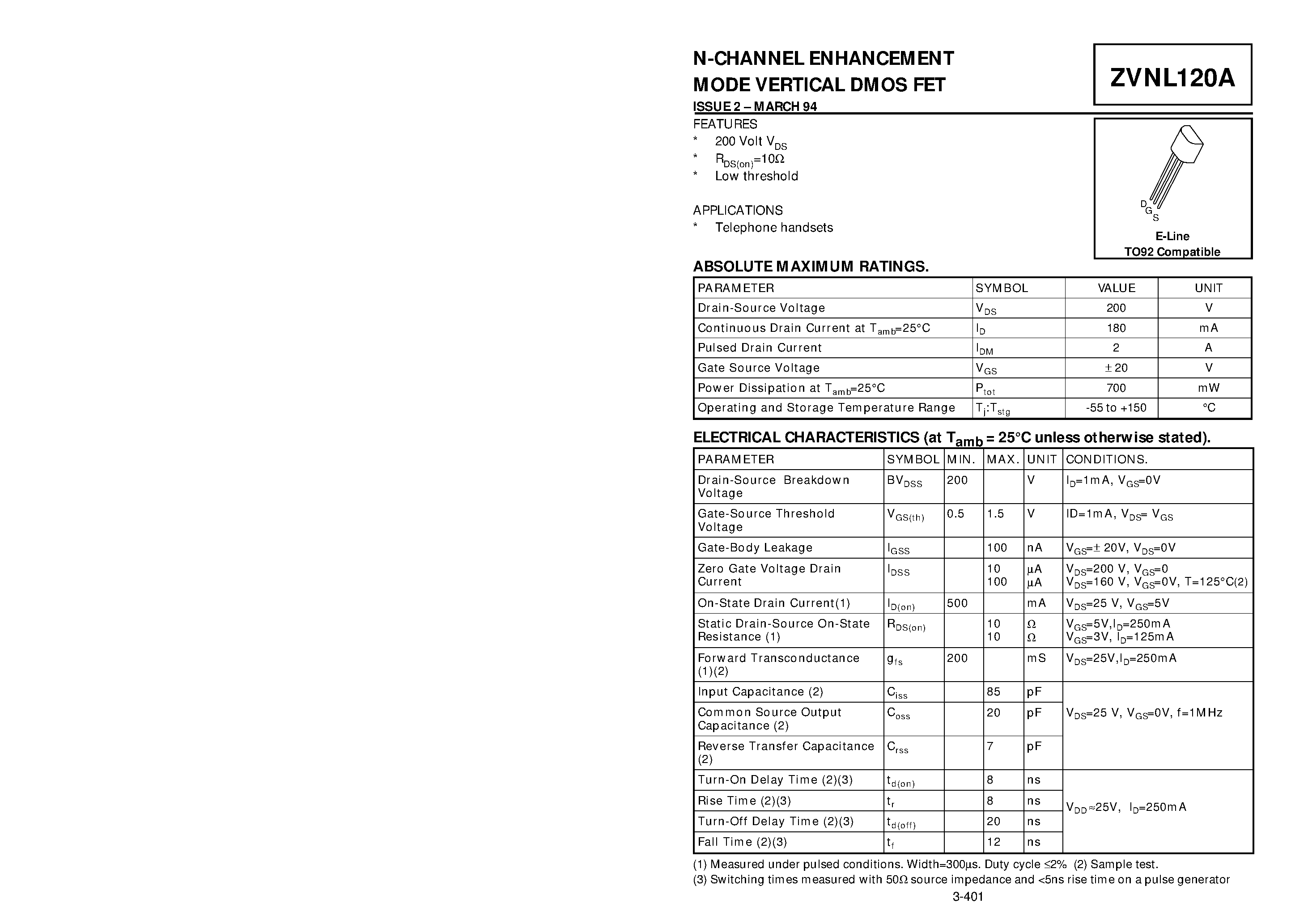 Datasheet ZVNL120A page 1 Datasheet ZVNL120A - N-CHANNEL ENHANCEMENT MODE VERTICAL DMOS FET page 1