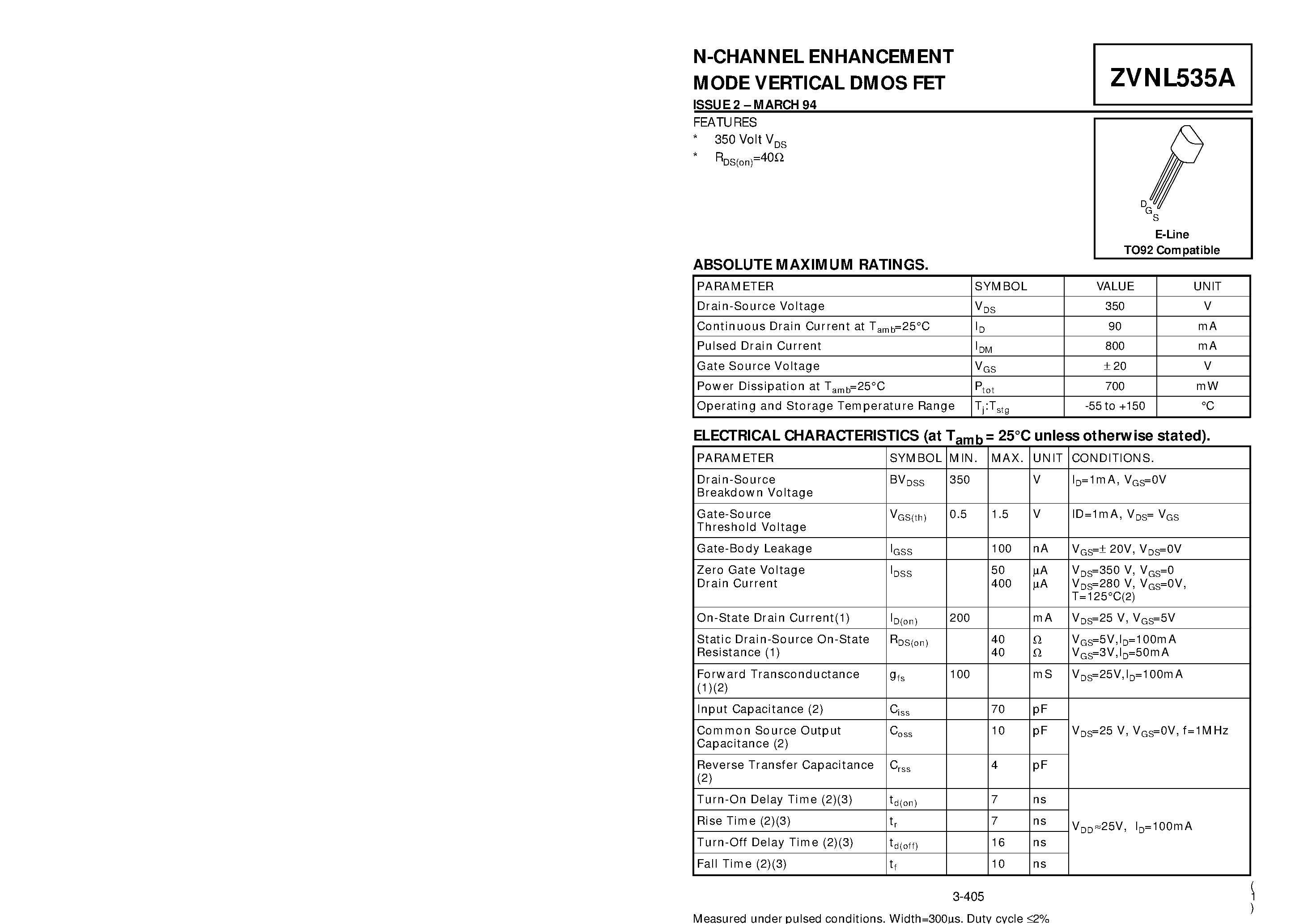 Datasheet ZVNL535A - N-CHANNEL ENHANCEMENT MODE VERTICAL DMOS FET page 1