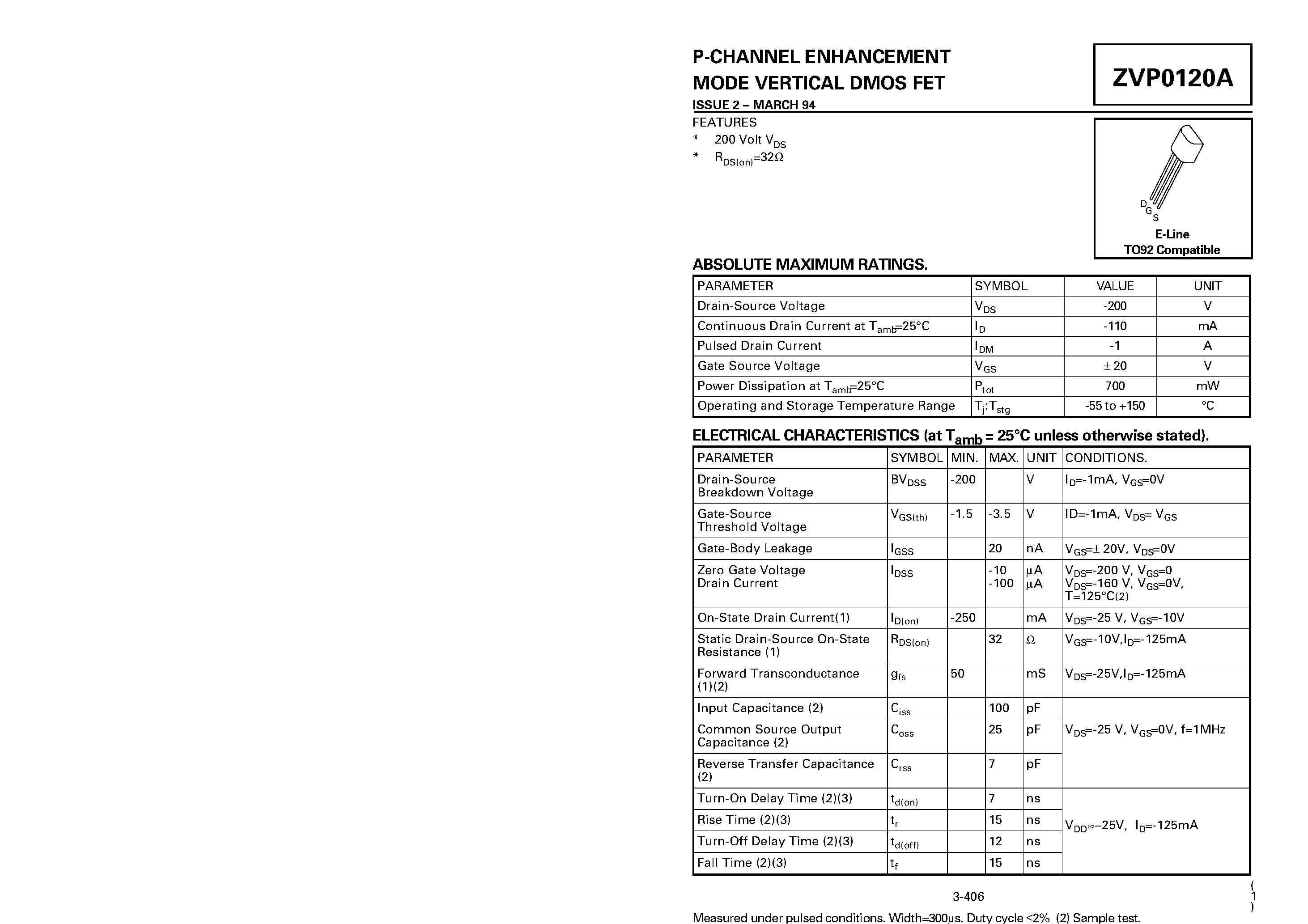 Datasheet ZVP0120A - P-CHANNEL ENHANCEMENT MODE VERTICAL DMOS FET page 1