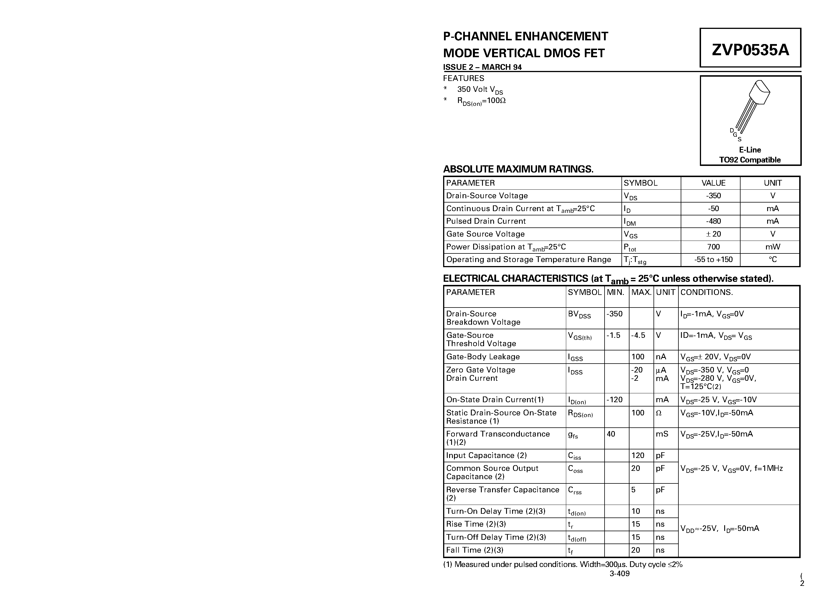 Даташит ZVP0535A - P-CHANNEL ENHANCEMENT MODE VERTICAL DMOS FET страница 1