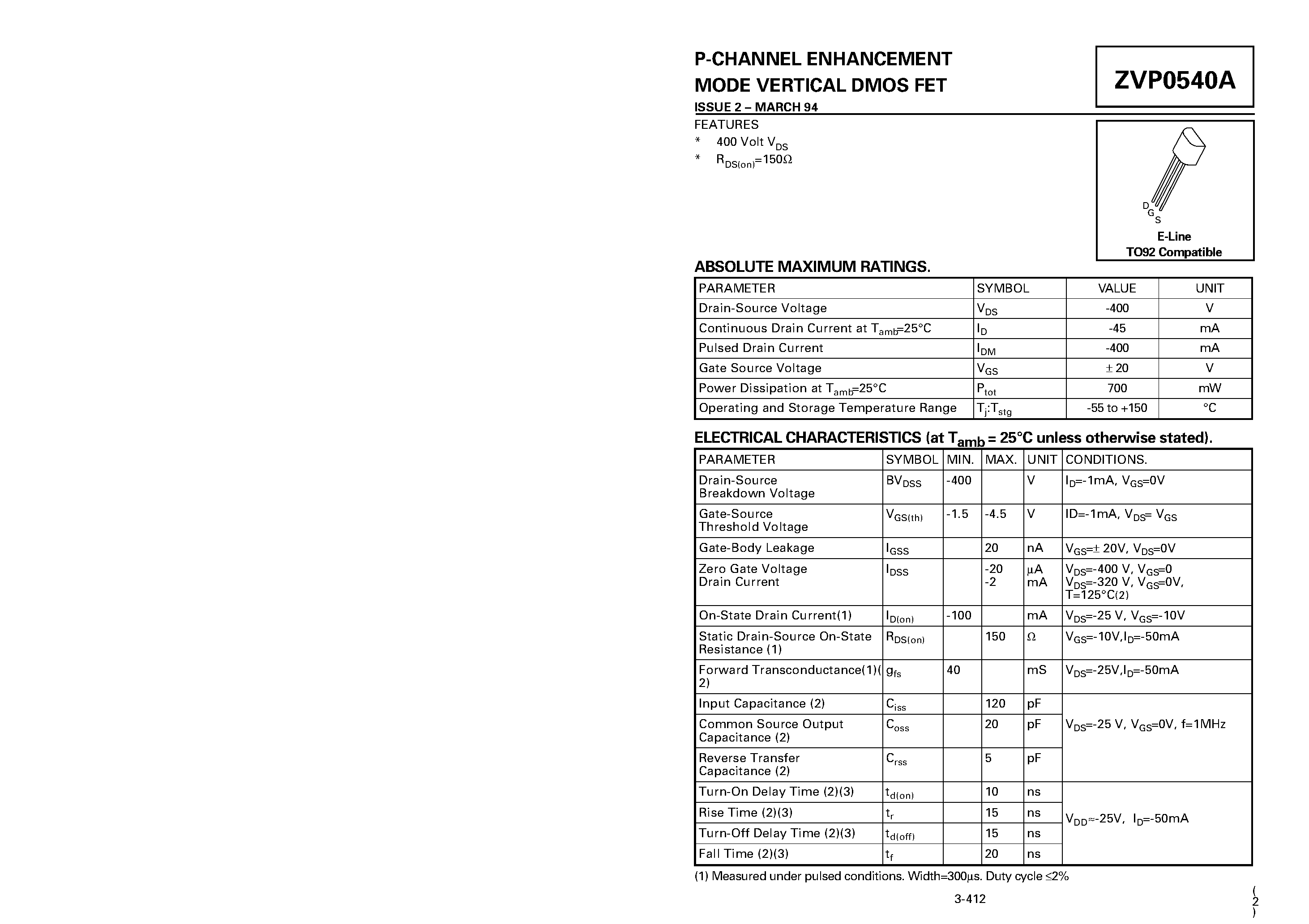 Datasheet ZVP0540A - P-CHANNEL ENHANCEMENT MODE VERTICAL DMOS FET page 1
