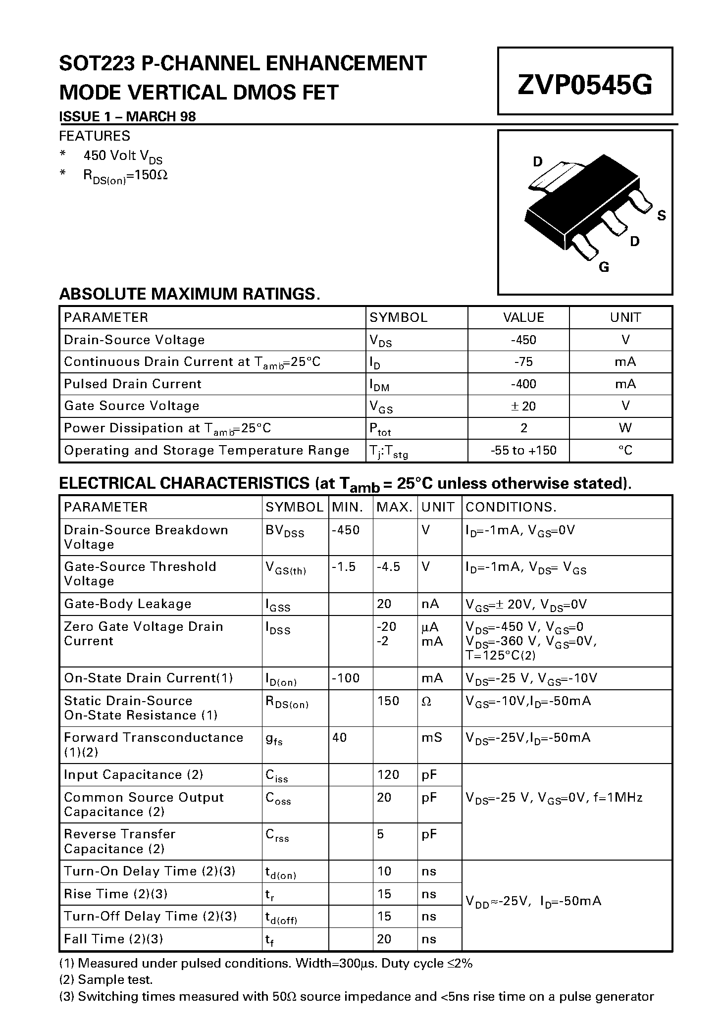 Datasheet ZVP0545G - P-CHANNEL ENHANCEMENT MODE VERTICAL DMOS FET page 1