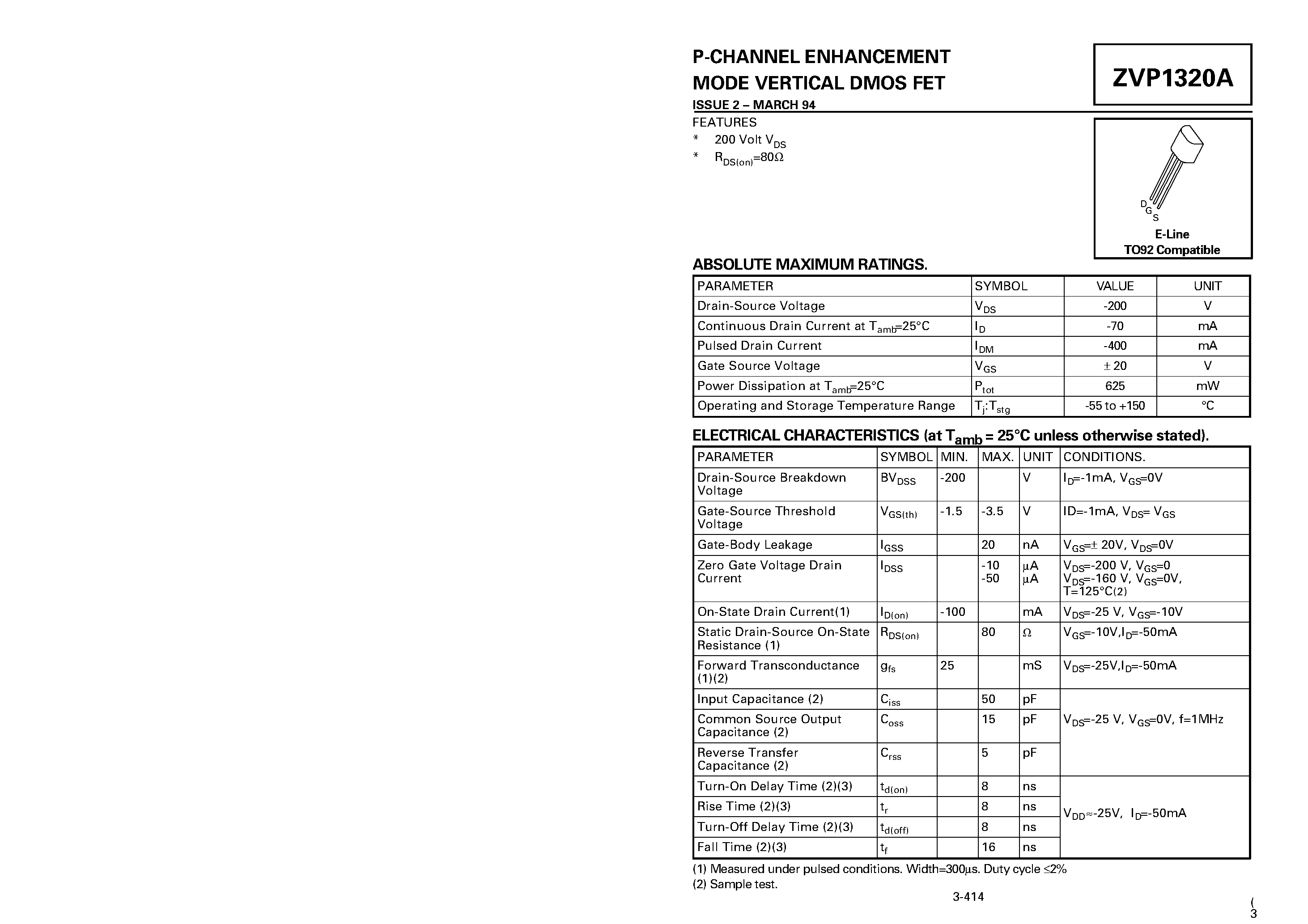 Даташит ZVP1320A - P-CHANNEL ENHANCEMENT MODE VERTICAL DMOS FET страница 1